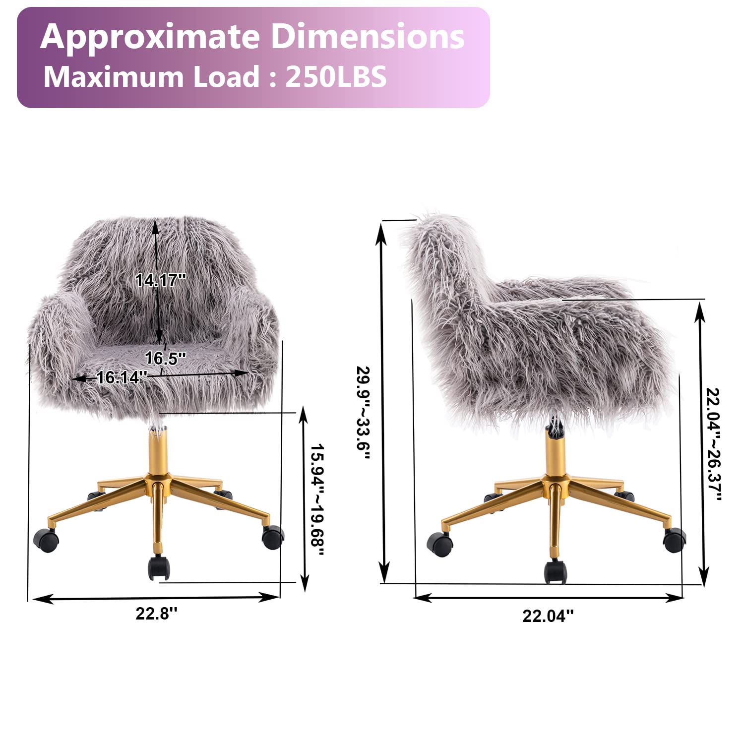 HomVent Faux Fur Office Chair with Wheels & Armrest - Modern Vanity Makeup Chair for Women, Girls Bedroom, Living Room & Home Office - Soft Grey Accent Chair for Working, Studying & Beauty Routines