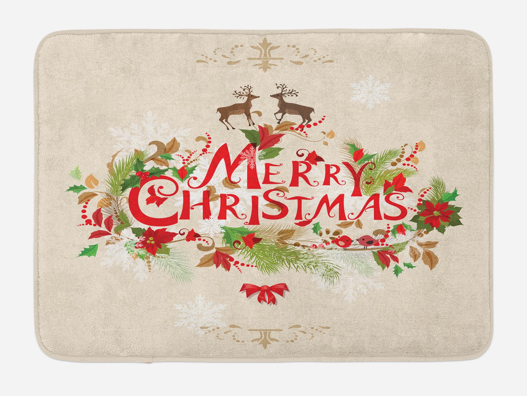 Ambesonne Christmas Bath Mat - Non-Slip Plush Holiday Decor with Fir Tree, Poinsettia, Birds & Deer - 30.2