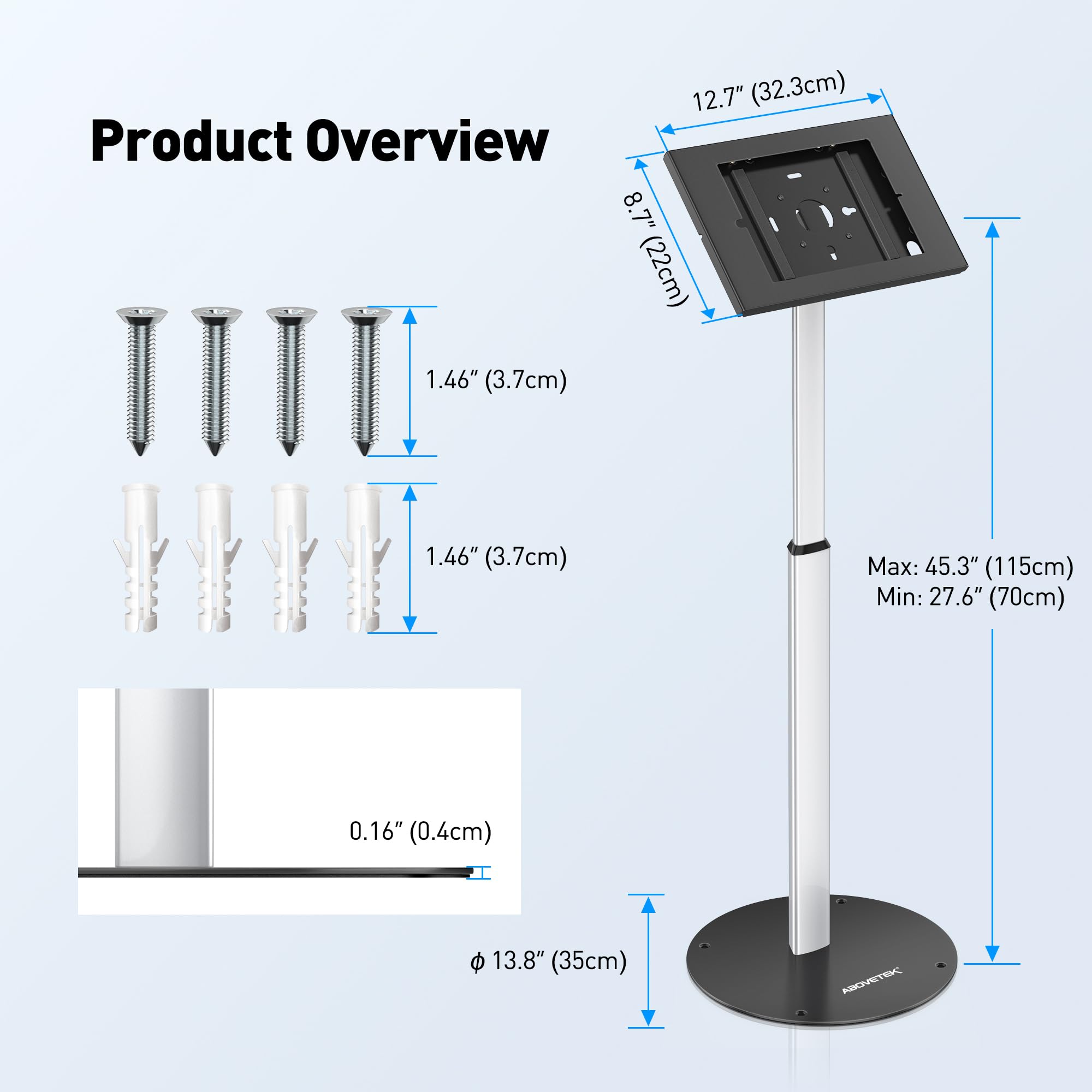 AboveTEK Anti-Theft iPad Floor Stand - Adjustable Secure Kiosk POS Tablet Holder with Lock & Key for iPad Air/Pro (Retail Business Use) - Perfect for Secure Tablet Displays in Stores, Restaurants, and Exhibitions