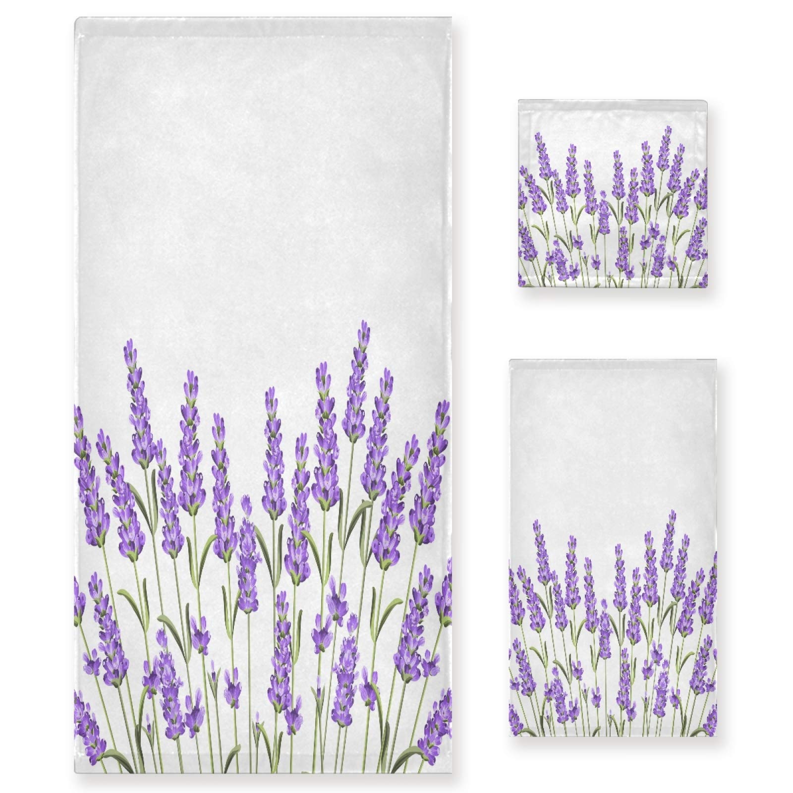 ALAZA 3-Piece Towel Set - Soft Bath Towel, Hand Towel & Washcloth - Provence Lavender Floral Design - Thin Face & Guest Towels - Perfect for Kitchen, Tea, Dish & Bathroom Decor - Great Housewarming Gift for New Homeowners