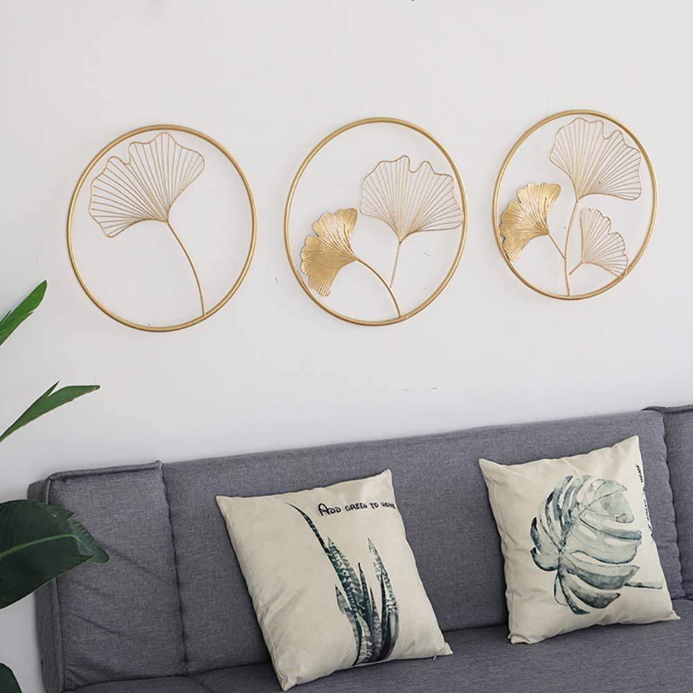 3-Piece Golden Ginkgo Leaf Metal Wall Art Decor - Round Hanging Pendant for Bedroom, Hotel, Living Room & Home Decoration | Elegant Wall Ornaments for Modern Interior Design