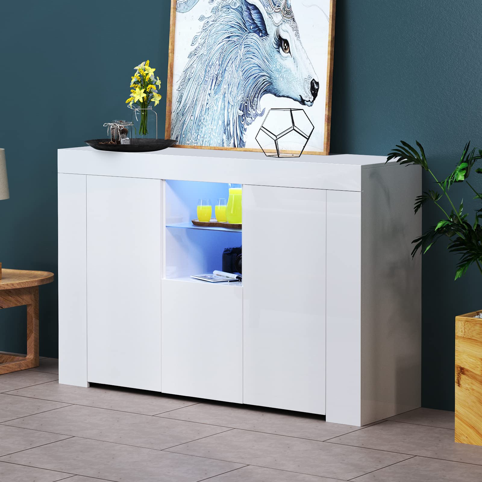 Modern LED Sideboard Buffet Cabinet - High Gloss Kitchen Storage Cabinet with Wooden Bar, Large Buffet Table for Dining Room, Hallway & Living Room (45.67