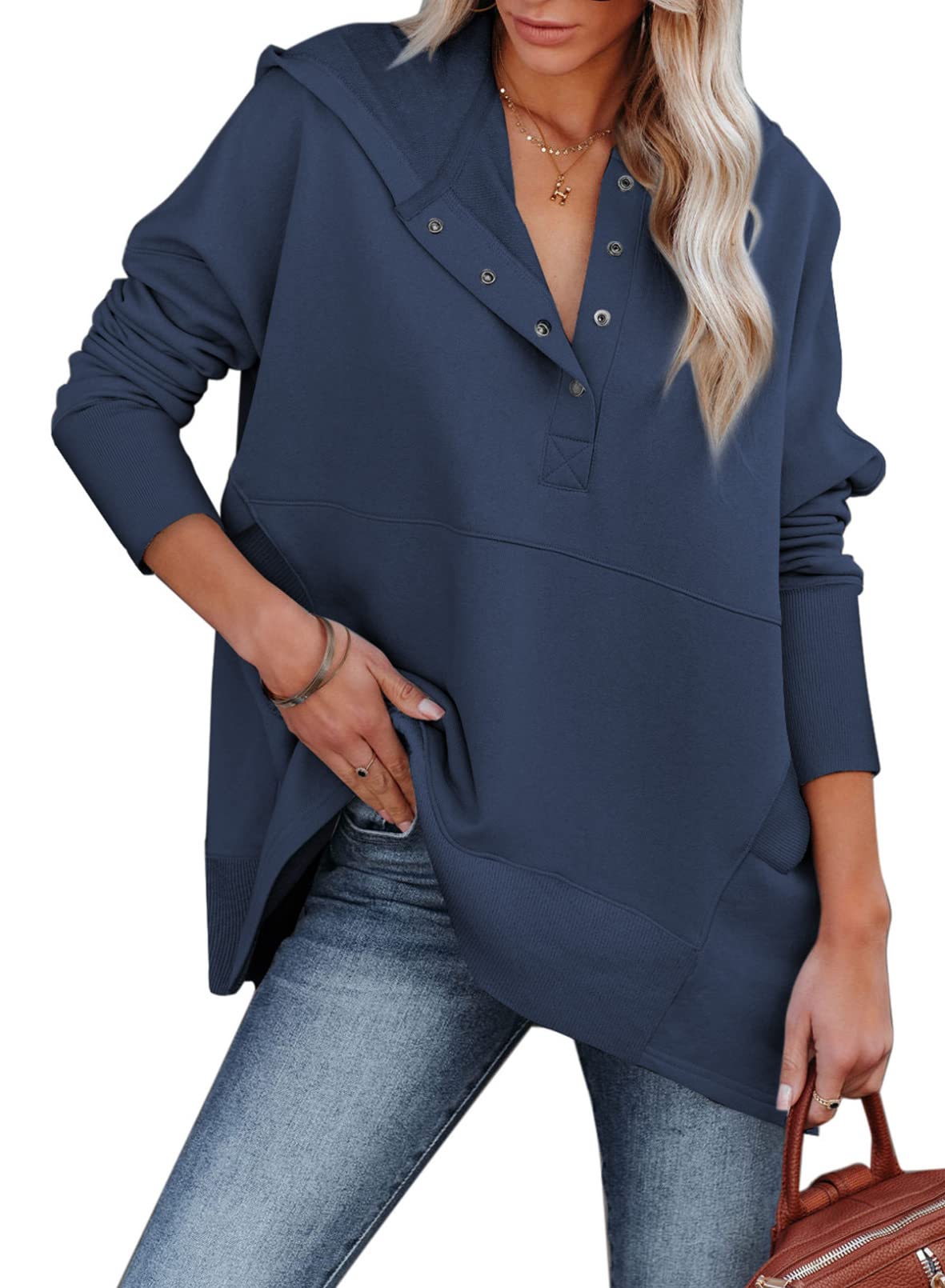 AlvaQ Women's Casual Button-Down V-Neck Hoodie - Oversized Pullover Sweatshirt with Pockets | Cozy Loungewear & Streetwear Fashion for Everyday Wear