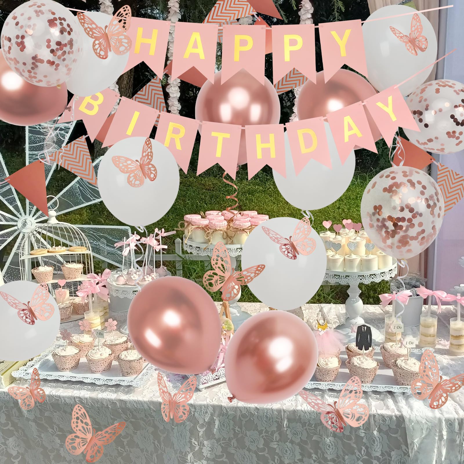 Rose Gold Birthday Decorations for Women - Happy Birthday Banner with Balloons, Pennant Flags & Butterfly Decor - Perfect for Girls' Parties, Baby Showers & Bridal Showers