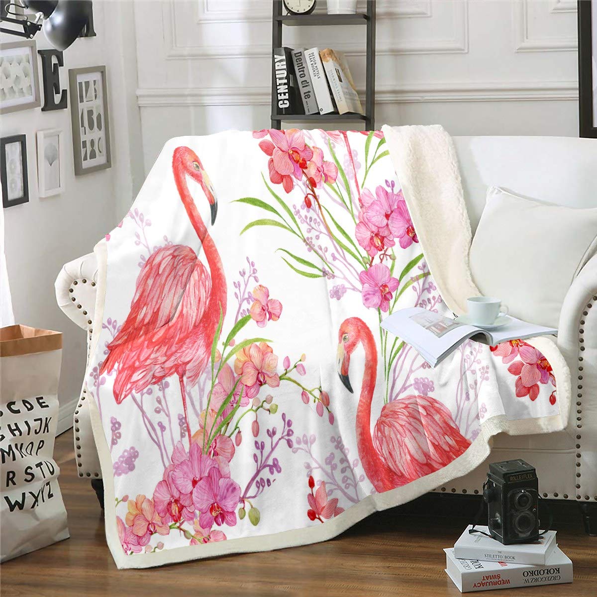 Flamingo Sherpa Blanket - Soft 3D Floral Print Fleece Throw with Botanical Branches Design, Plush & Fuzzy for Women & Girls, 50x60 Inch - Perfect for Sofa, Bed, Couch & Cozy Home Decor