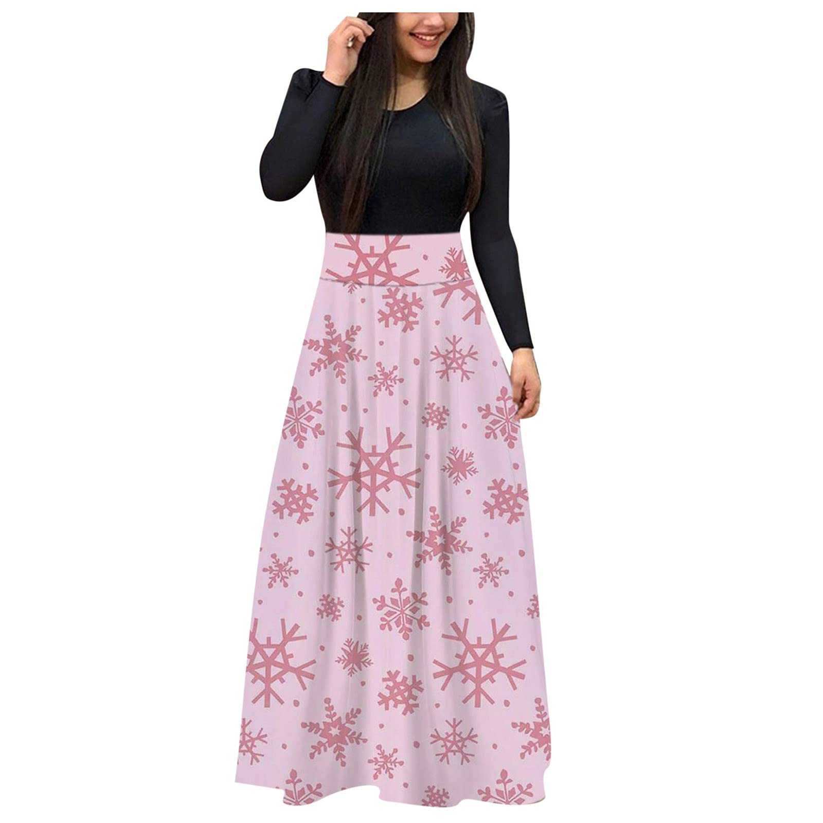 Plus Size White Wedding Dresses for Women - Printed Long Sleeve Round Neck Casual Maxi Dress for Christmas, Parties & Special Occasions