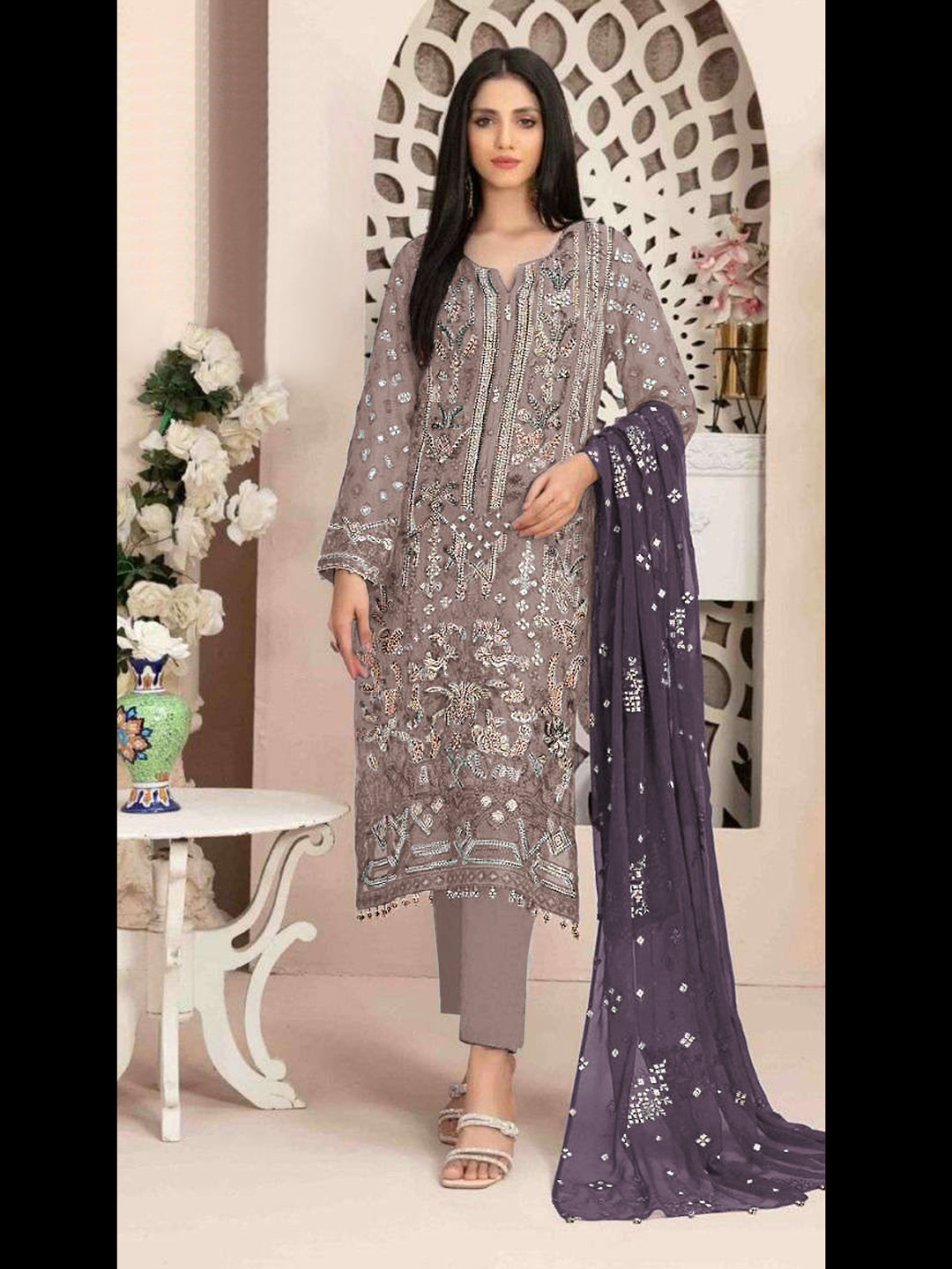 Elegant Beige Designer Semi-Stitched Pant Suit with Embroidery Work - Perfect for Weddings, Parties & Formal Occasions