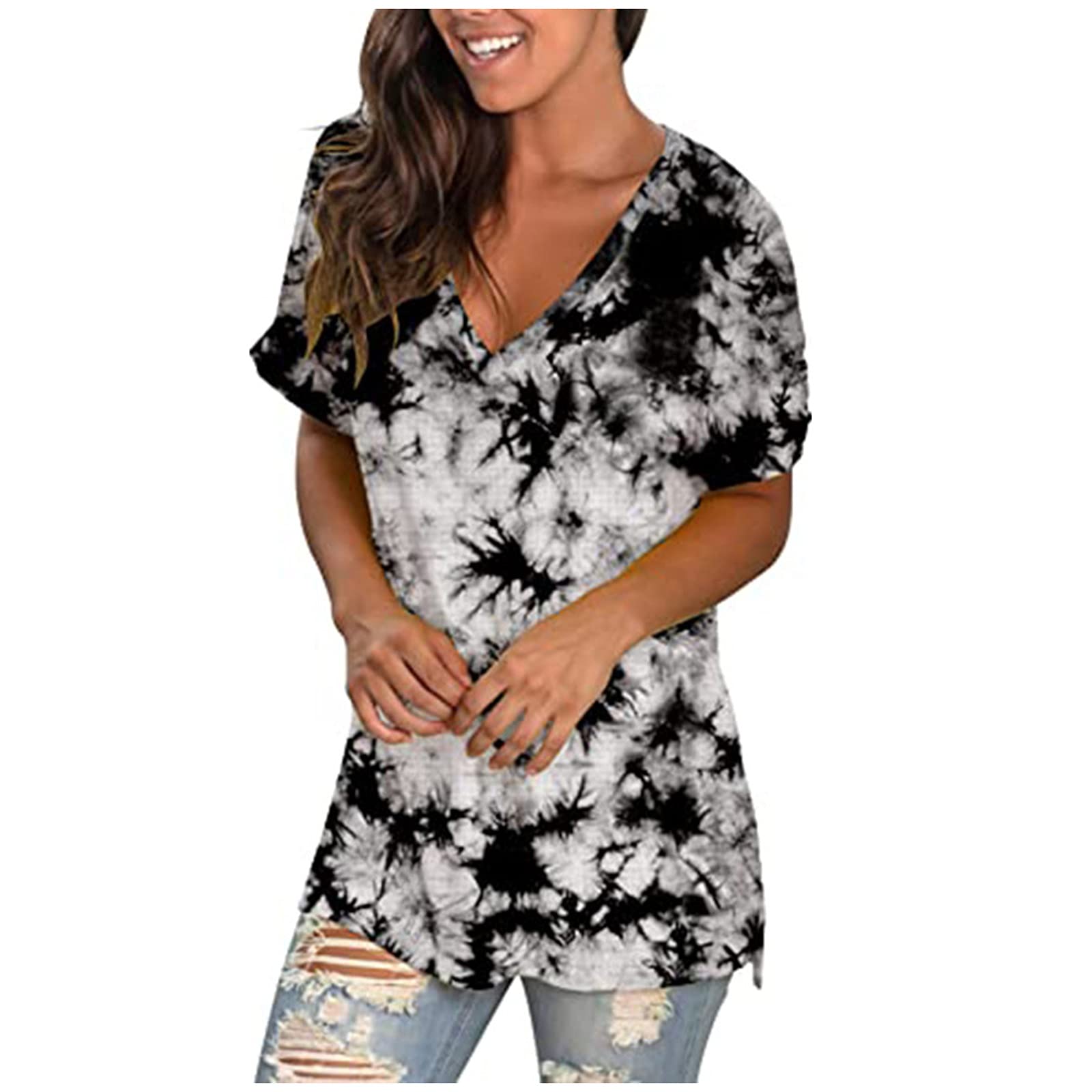 Women's Casual Summer Tops - Loose Short Sleeve Tie Dye T-Shirts, V-Neck Tunic Blouse in Plus Sizes | Breathable & Stylish for Beach, Travel & Daily Wear