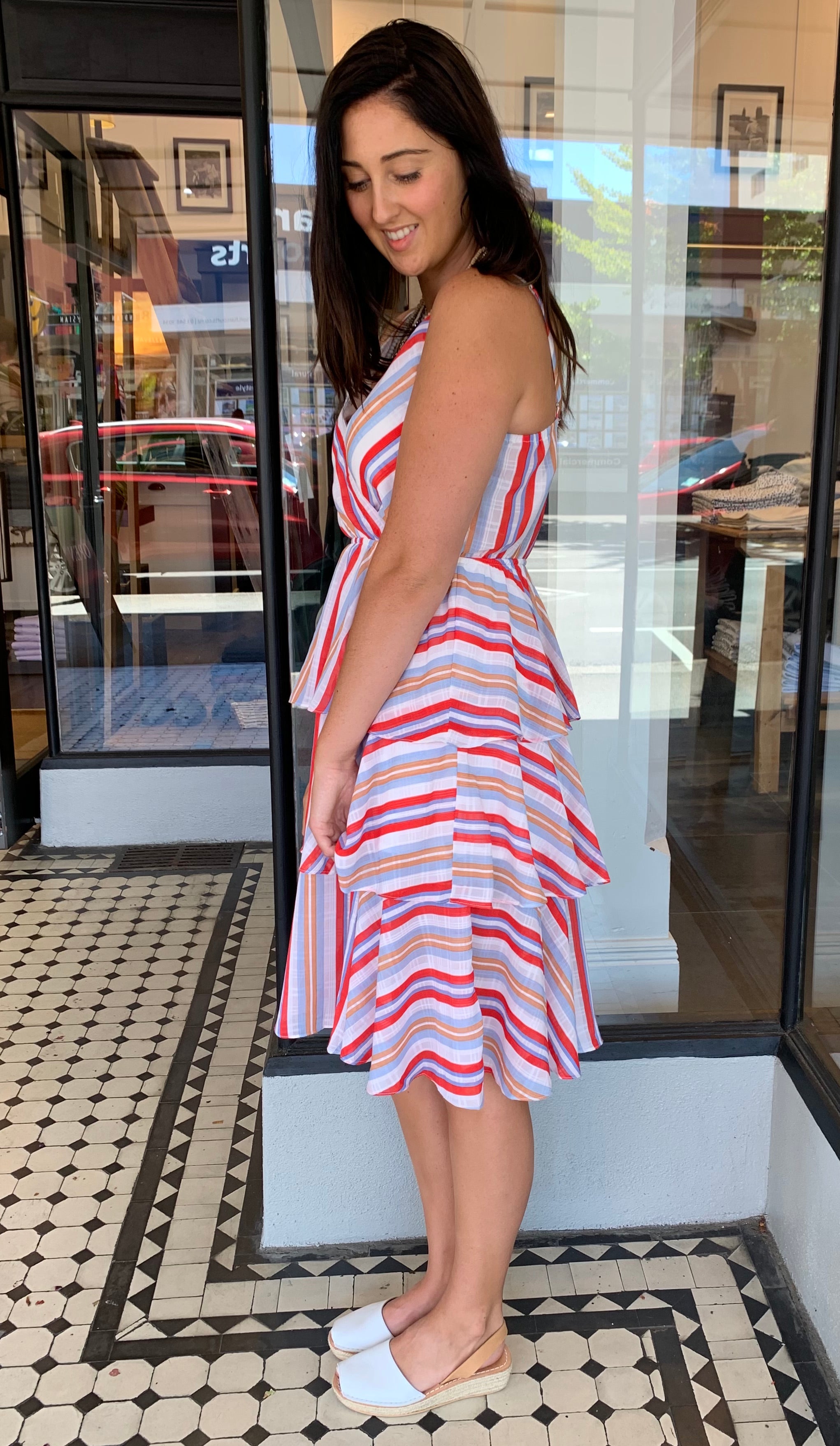 Lexi Tiered Midi Dress - Red & Burnt Orange Striped Flowy Summer Dress for Women | Perfect for Beach Vacations, Date Nights & Casual Outings
