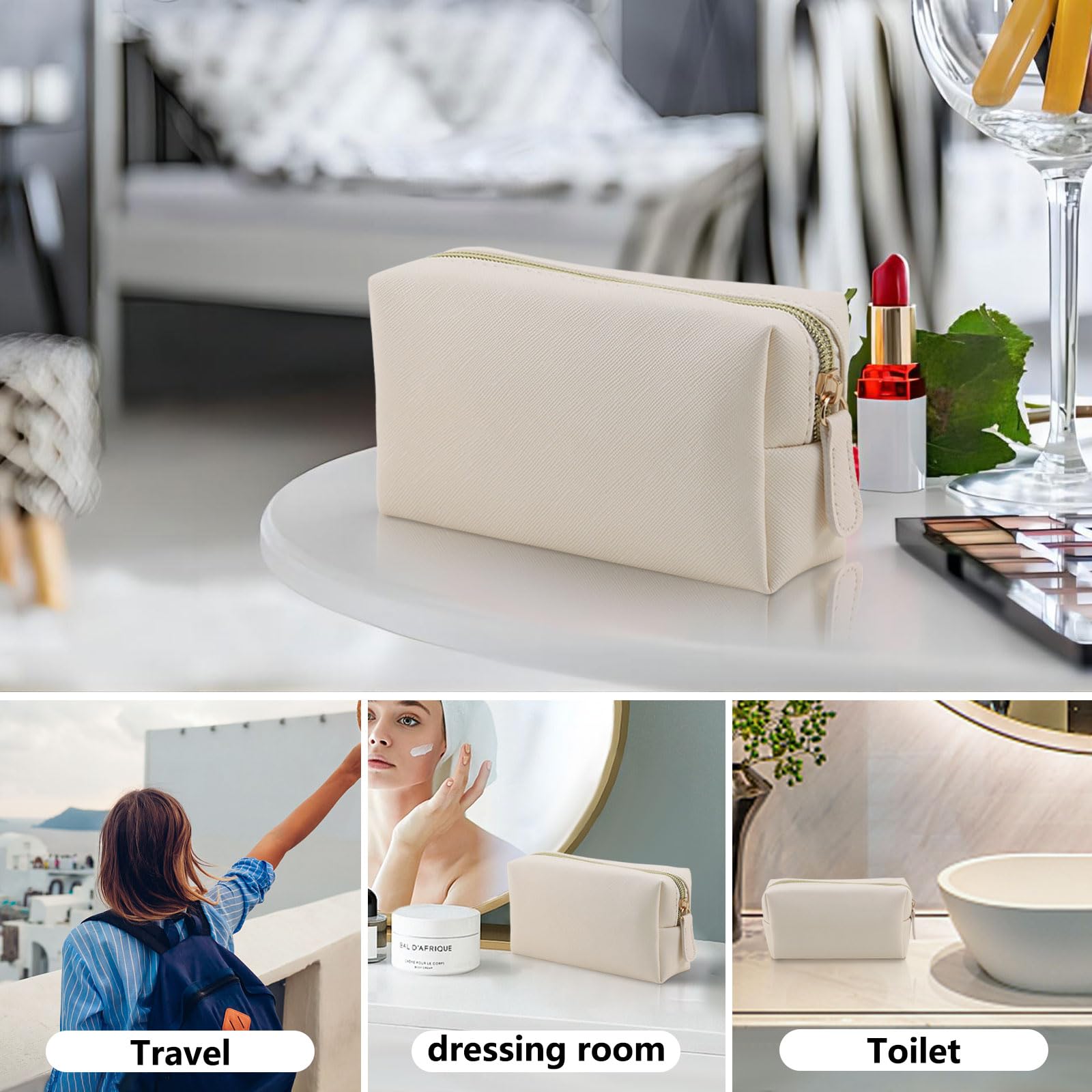Premium Leather Makeup Bag for Women - Travel Cosmetic Organizer with Zipper, Portable Small Toiletry Pouch for Purse | Perfect for Travel, Gym & Daily Essentials Storage