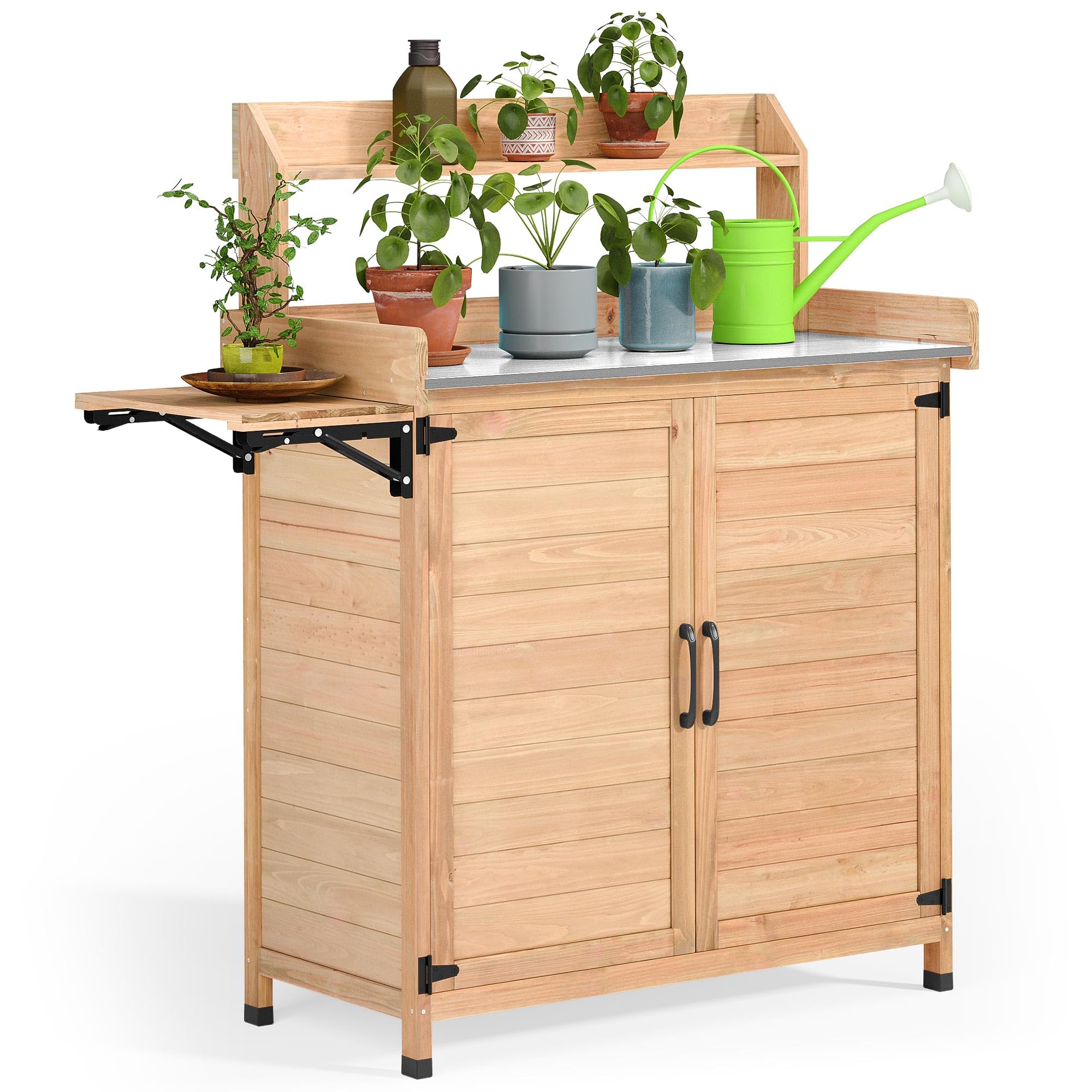 YITAHOME Solid Wood Potting Bench with Folding Shelf & Metal Tabletop - Outdoor Garden Workstation with Storage Cabinet for Planting, Gardening, Backyard Use - Perfect for Organizing Tools, Repotting Plants, and Outdoor Projects