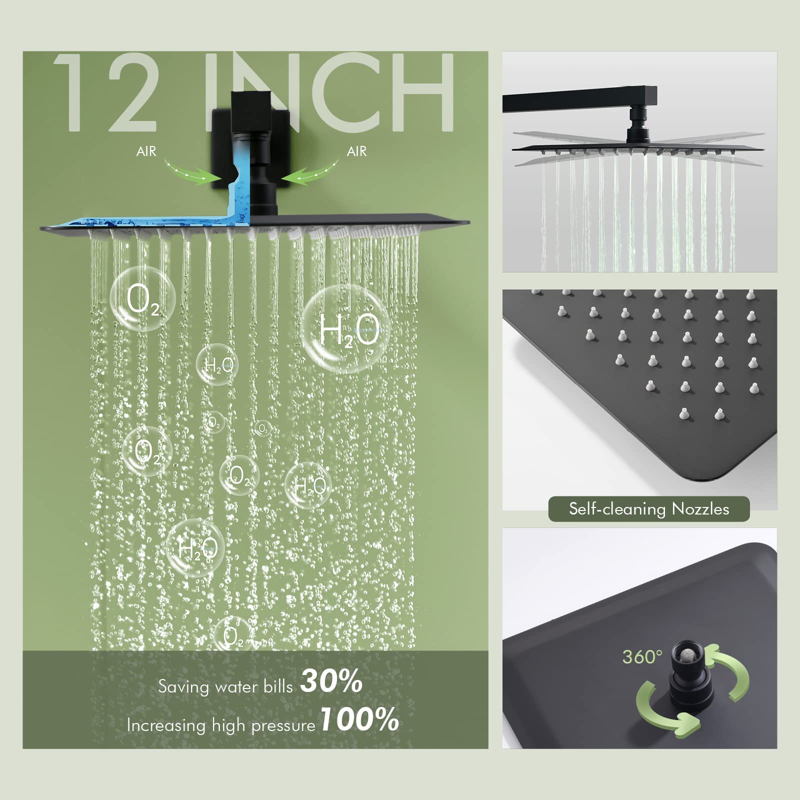 Premium Matte Black Shower System - Complete Wall Mounted Shower Faucet Set with Handheld Sprayer, 12