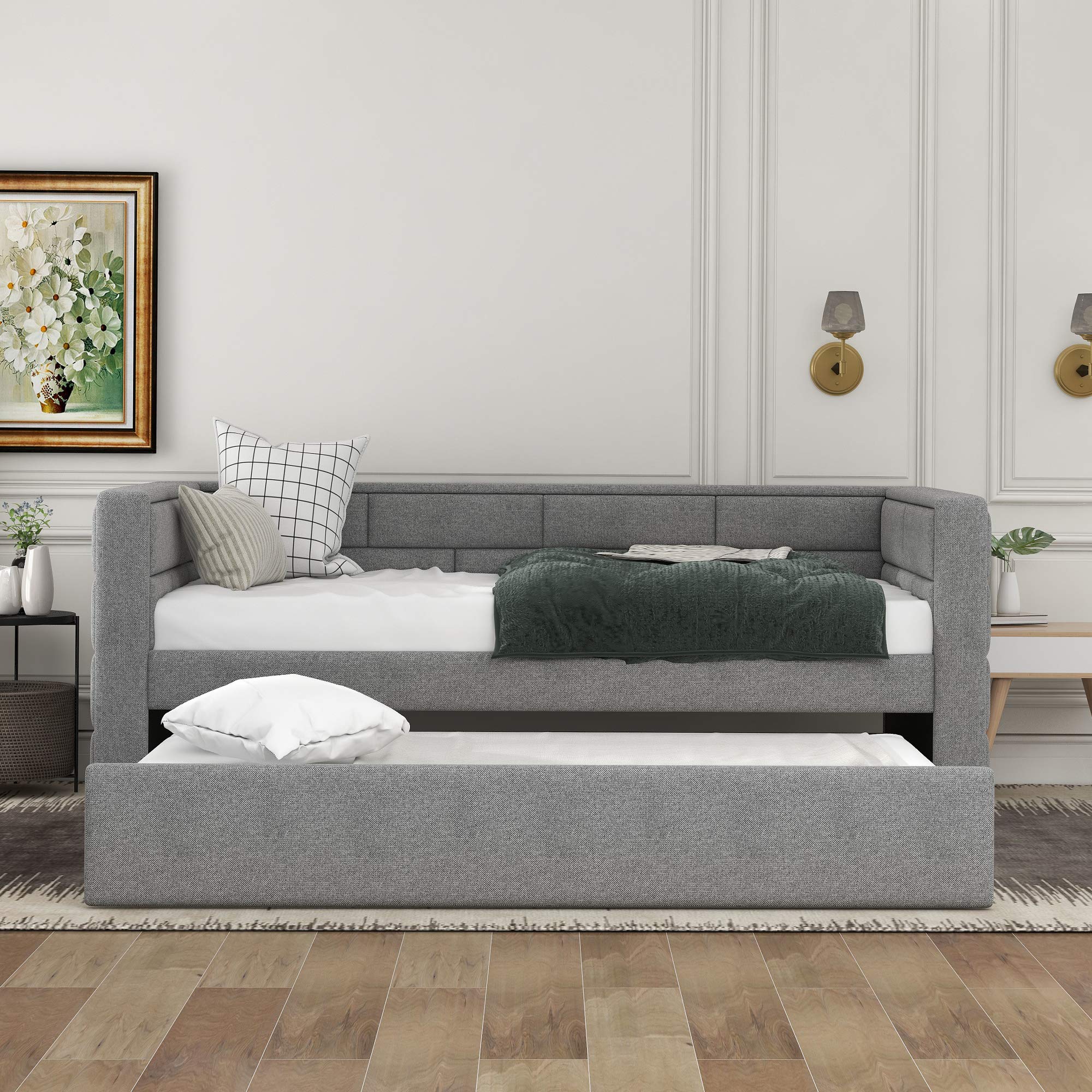 Polibi Twin Size Upholstered Daybed with Trundle - Gray Convertible Sofa Bed with Padded Back & Sides | Perfect for Guest Room, Small Space & Dormitory
