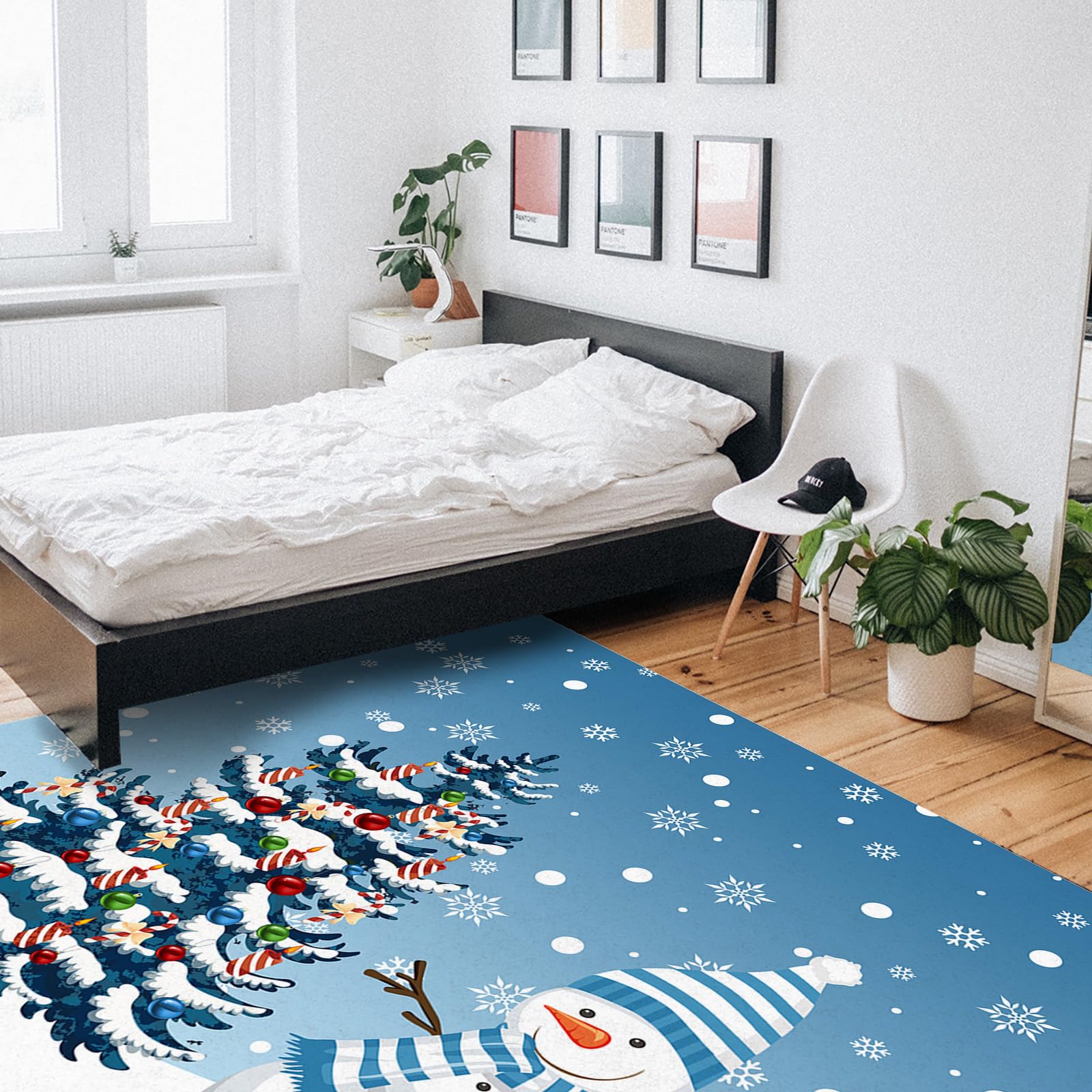 Blue Christmas Snowman Area Rug - Non-Slip Washable Xmas Tree with Balls & Snowflake Design - 4x6 Ft Indoor Floor Mat for Living Room, Bedroom, Dining Room - Perfect Holiday Home Decor (Great for Cozy Winter Gatherings & Festive Celebrations)