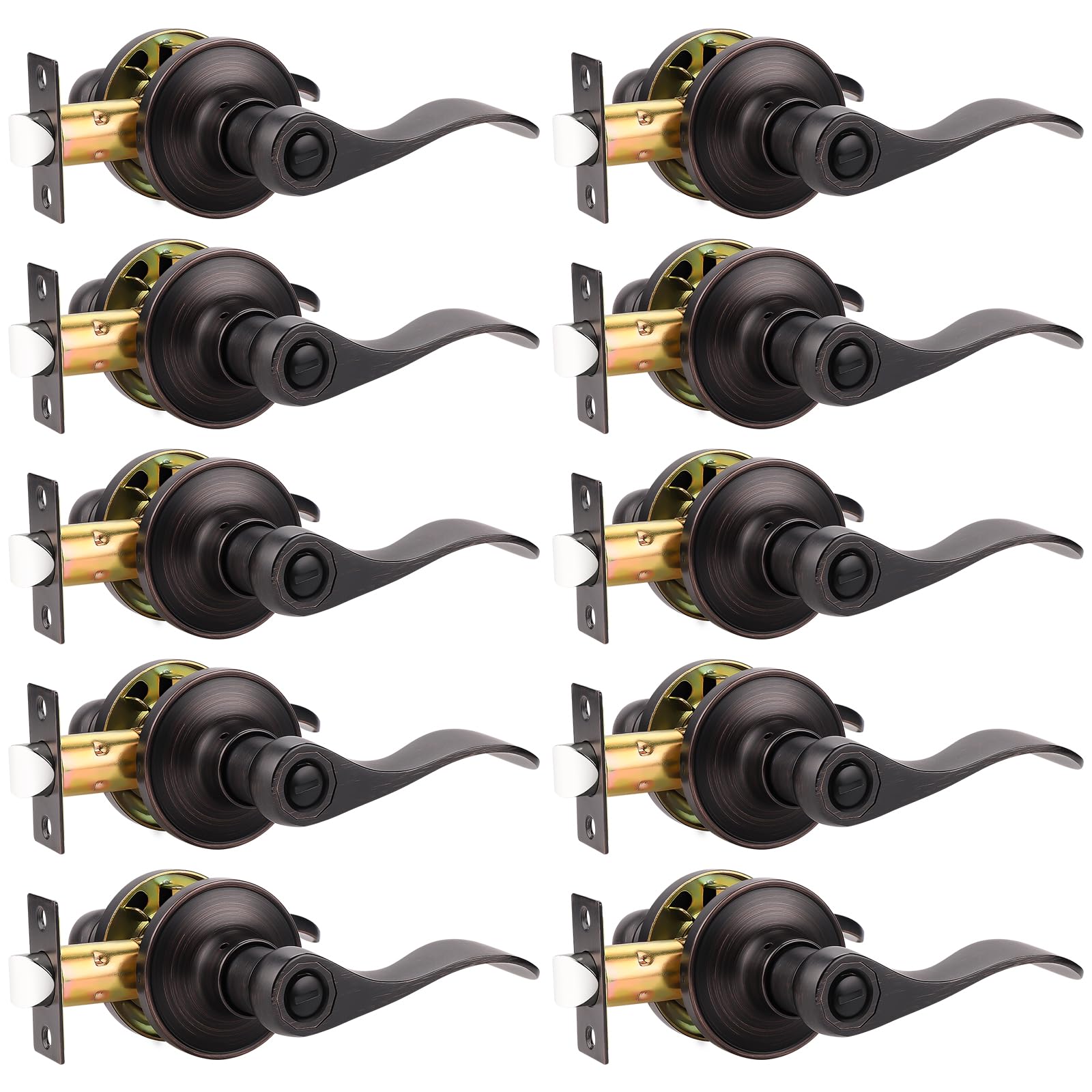 10 Pack Privacy Door Lever with Thumb Turn Lock - Keyless Oil Rubbed Bronze Wave Door Handle Set for Bedroom & Bathroom (Reversible Right/Left) - Perfect for Home Privacy & Security