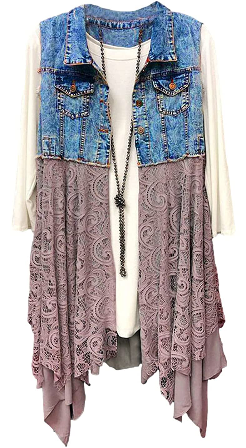 Women's Denim Vest - Mid-Length Patchwork Design with Irregular Lace Hem & Sleeveless Jacket for Casual Outfits | Perfect for Spring Layering, Music Festivals & Boho Chic Style