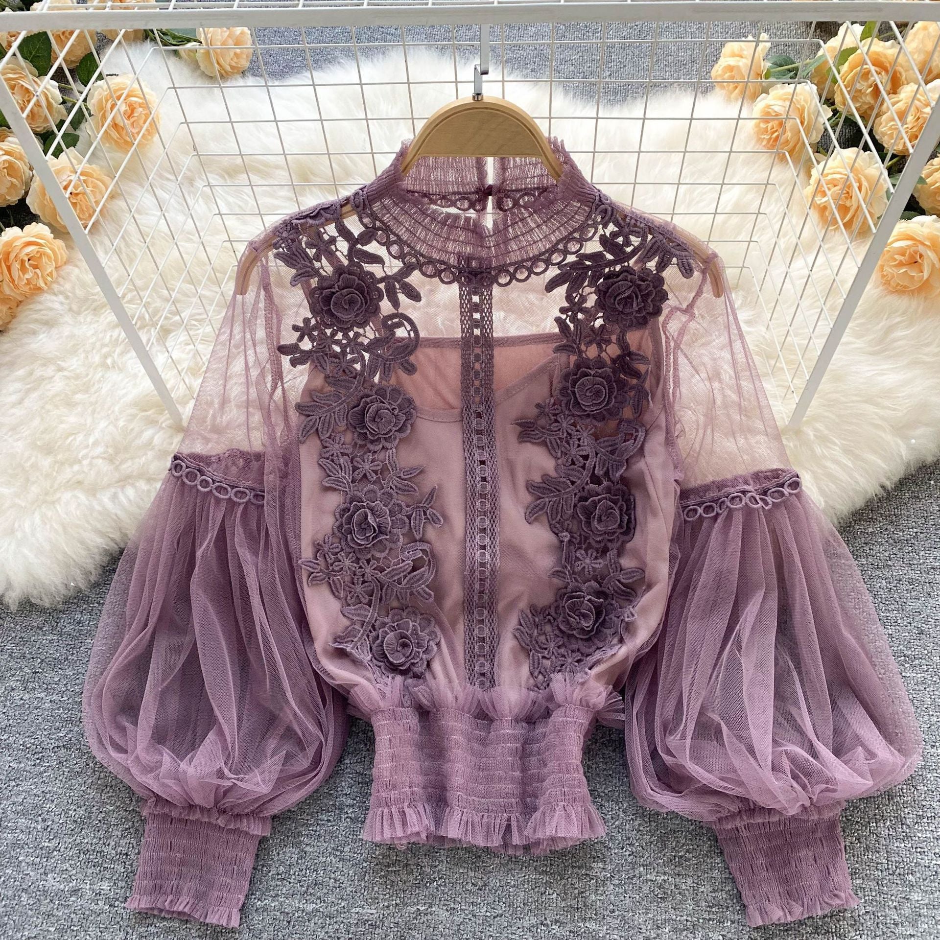 3D Floral Mesh Lantern Sleeve Blouse - Women's Short Lace Top 833 | Perfect for Summer Outfits, Date Nights & Boho Fashion