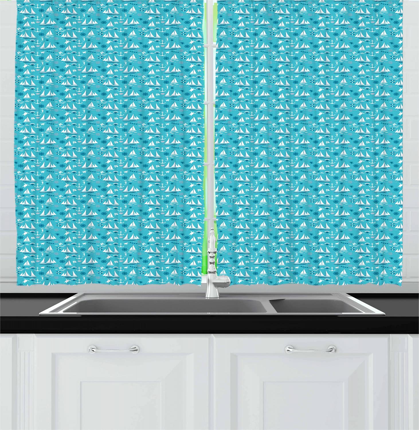 Ambesonne Nautical Kitchen Curtains Set of 2 - Sailboat Underwater Theme with Turtles Seahorses & Shells - 55