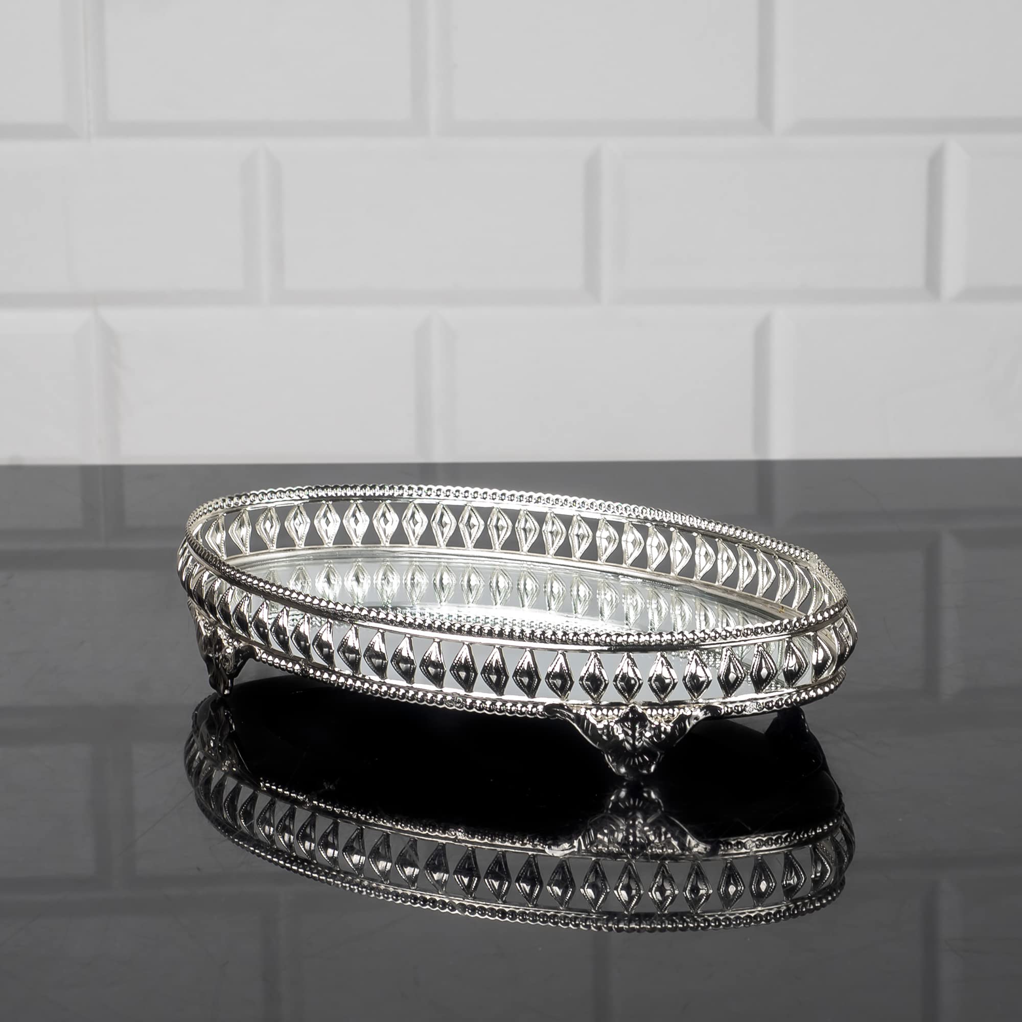 Handmade Filigree Jewelry Tray Mirror - Elegant Oval Metal Vanity Tray for Dressing Table, Perfect Gift for Women - Silver Mirror Tray for Perfume, Cosmetics & Jewelry Organization | Bedroom Decor, Bathroom Countertop, Wedding Gift Idea