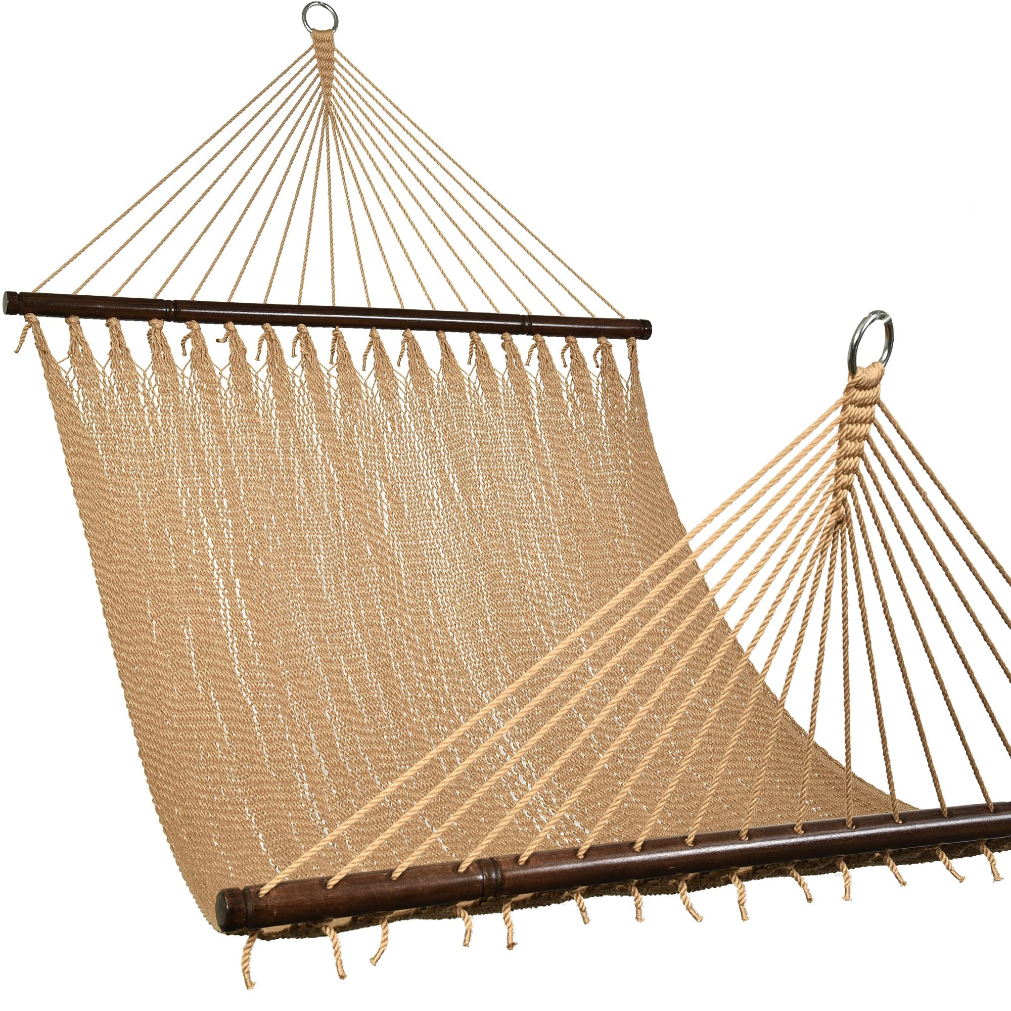 10.5 FT Double 2 Person Caribbean Rope Hammock - Hand Woven Polyester Outdoor Hammock with Spreader Bars - 450 LBS Capacity Tan - Perfect for Backyard, Patio, Poolside & Beach Relaxation