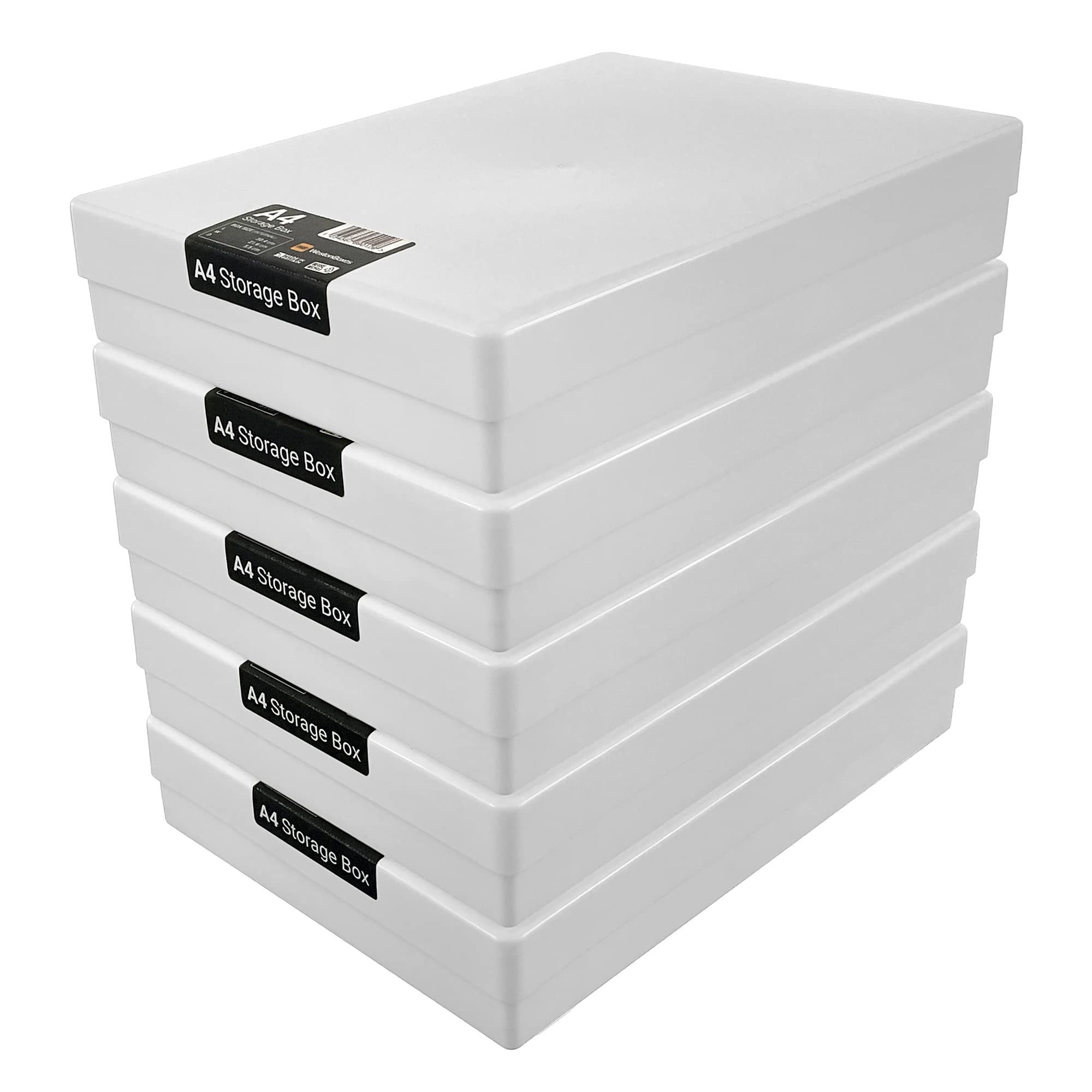 WestonBoxes A4 Opaque White Craft Storage Boxes with Lids - 3.6L Impact Resistant Organizer for Art Supplies, Paper, Cards | Pack of 5 | Perfect for Artists, Scrapbooking & Office Organization
