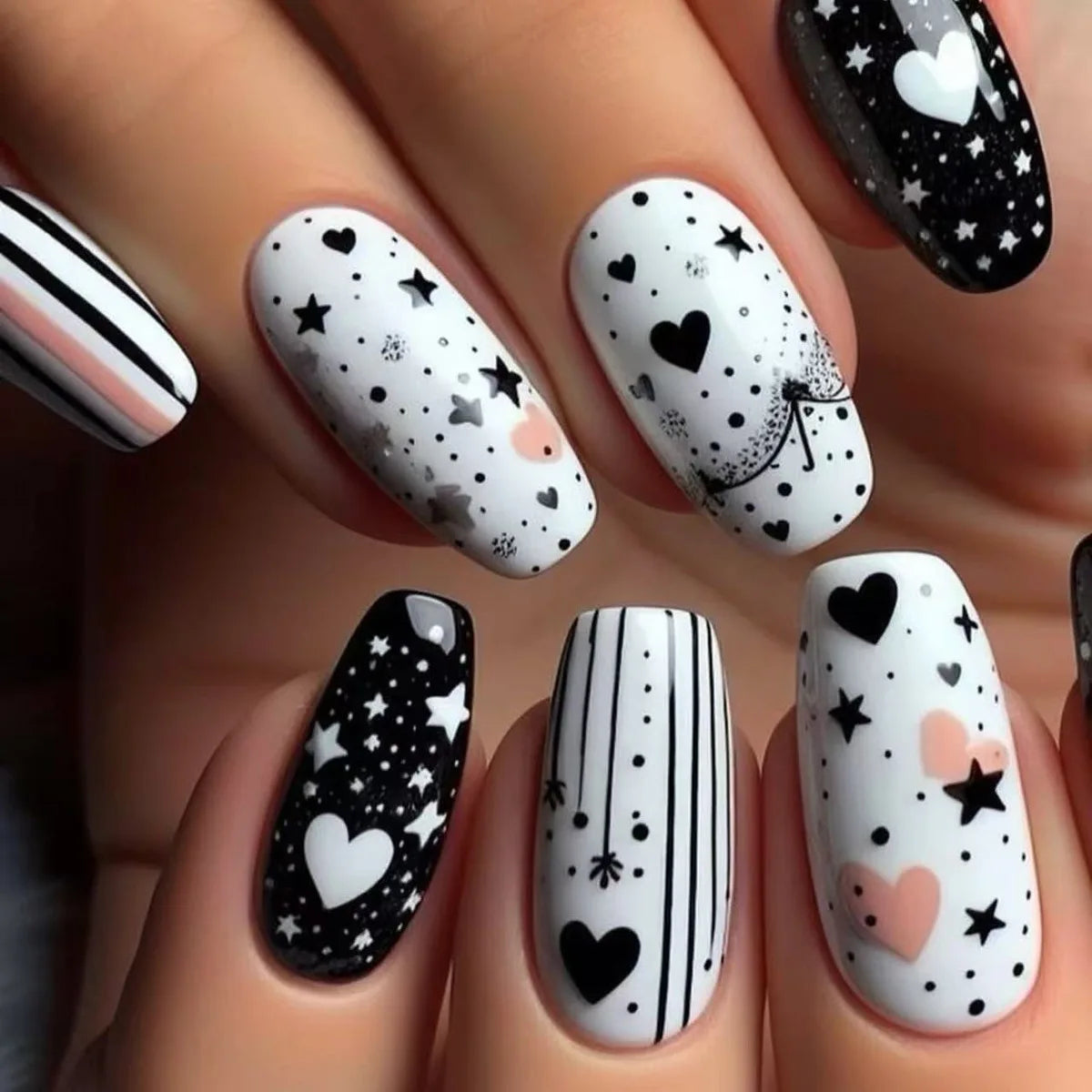 24Pcs Medium Length Press-On Nails - Black & White Valentine's Glitter French Tips with Love Stripes | False Nails for Women | Perfect for Parties, Dates & Special Occasions