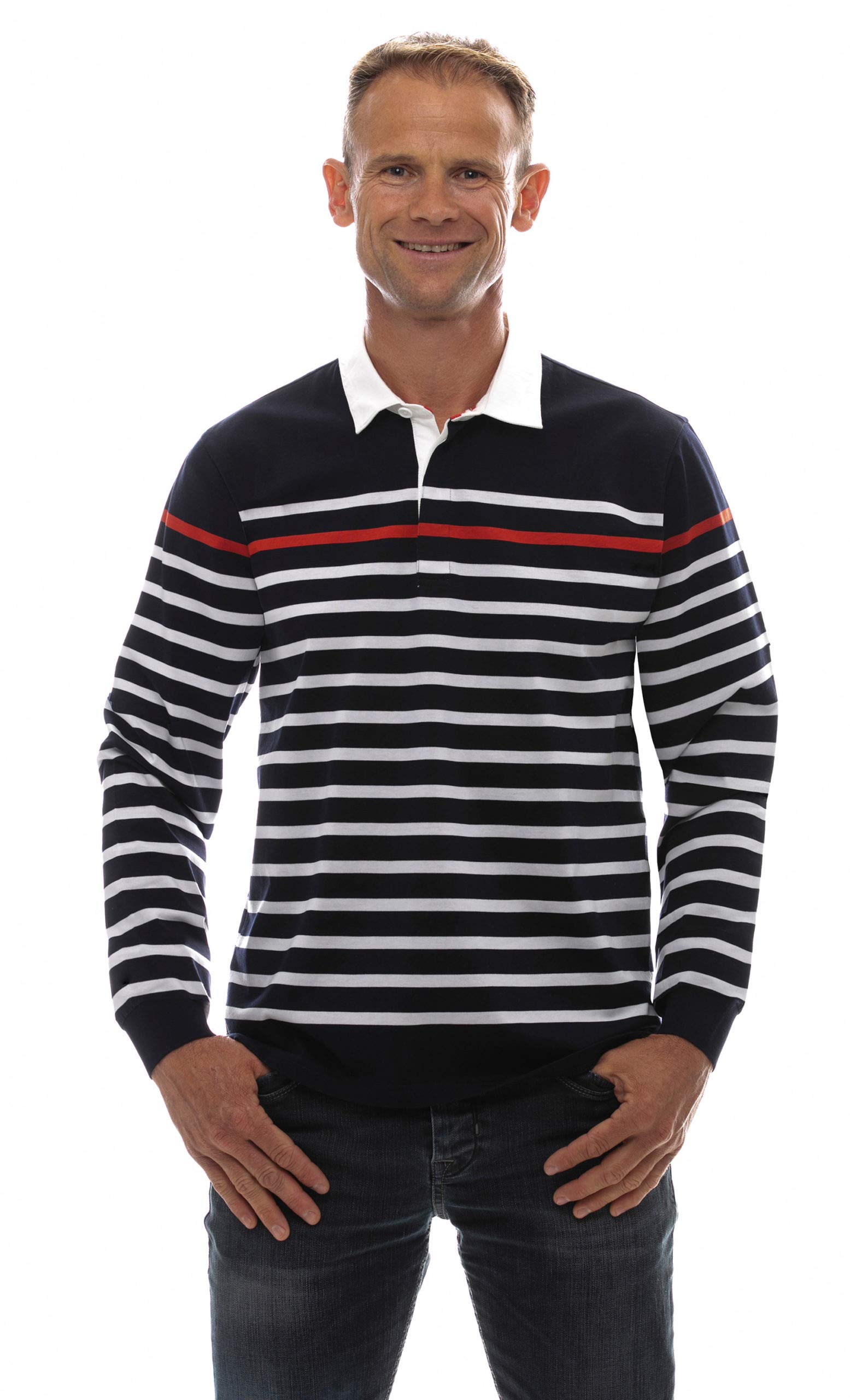 UGHOLIN Men's Breton Stripe Cotton Long Sleeve Polo Shirt - Classic Casual Button Down Shirt for Work, Office & Everyday Wear | Breathable Comfort Fit