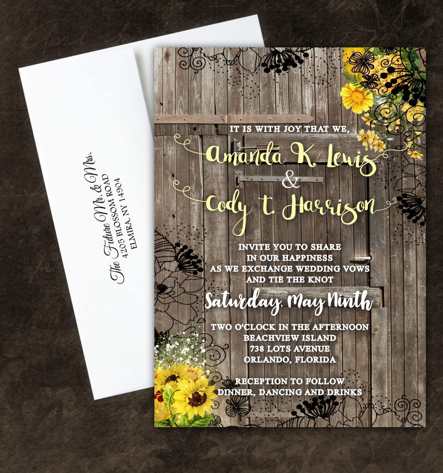 Custom Sunflower Rustic Wedding Invitation Set - 50 Personalized Yellow & Black Save the Date Cards with RSVP - Perfect for Country, Barn, and Fall Weddings