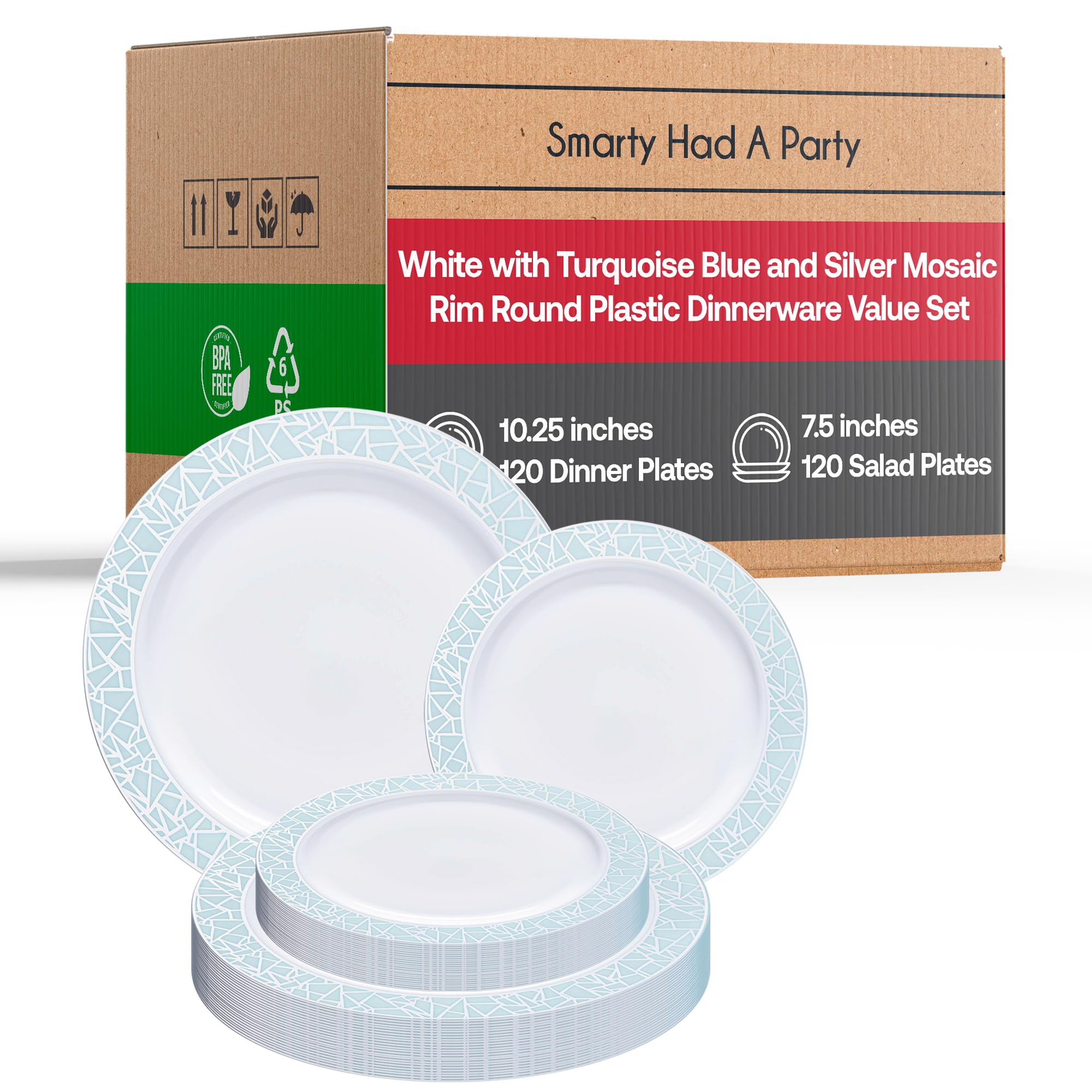 Elegant Disposable Plastic Plates 240 Count - 120 Heavy Duty Dinner Plates & 120 Dessert Salad Appetizer Plates - White with Blue Silver Mosaic Rim - Bulk Party Supplies for Wedding, Birthday, BBQ, Picnic, Holiday & Special Events - Perfect for Indoor/Outdoor Gatherings & Catering