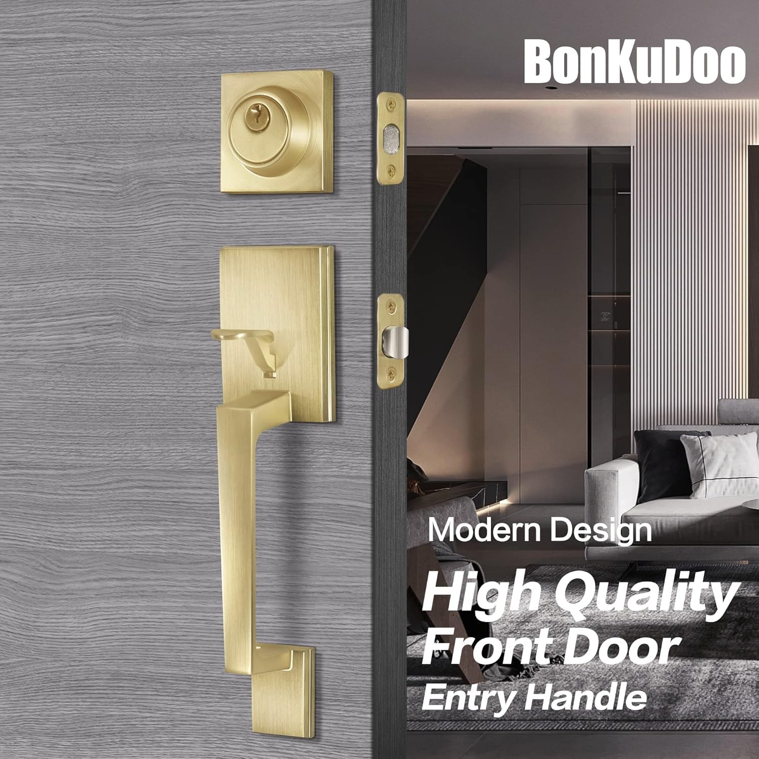 Satin Brass Square Front Door Handle Set with Single Cylinder Deadbolt & Low Half Lever - Secure Entry Door Lock for Home, Office & Apartment - Durable & Stylish Hardware for Exterior Doors