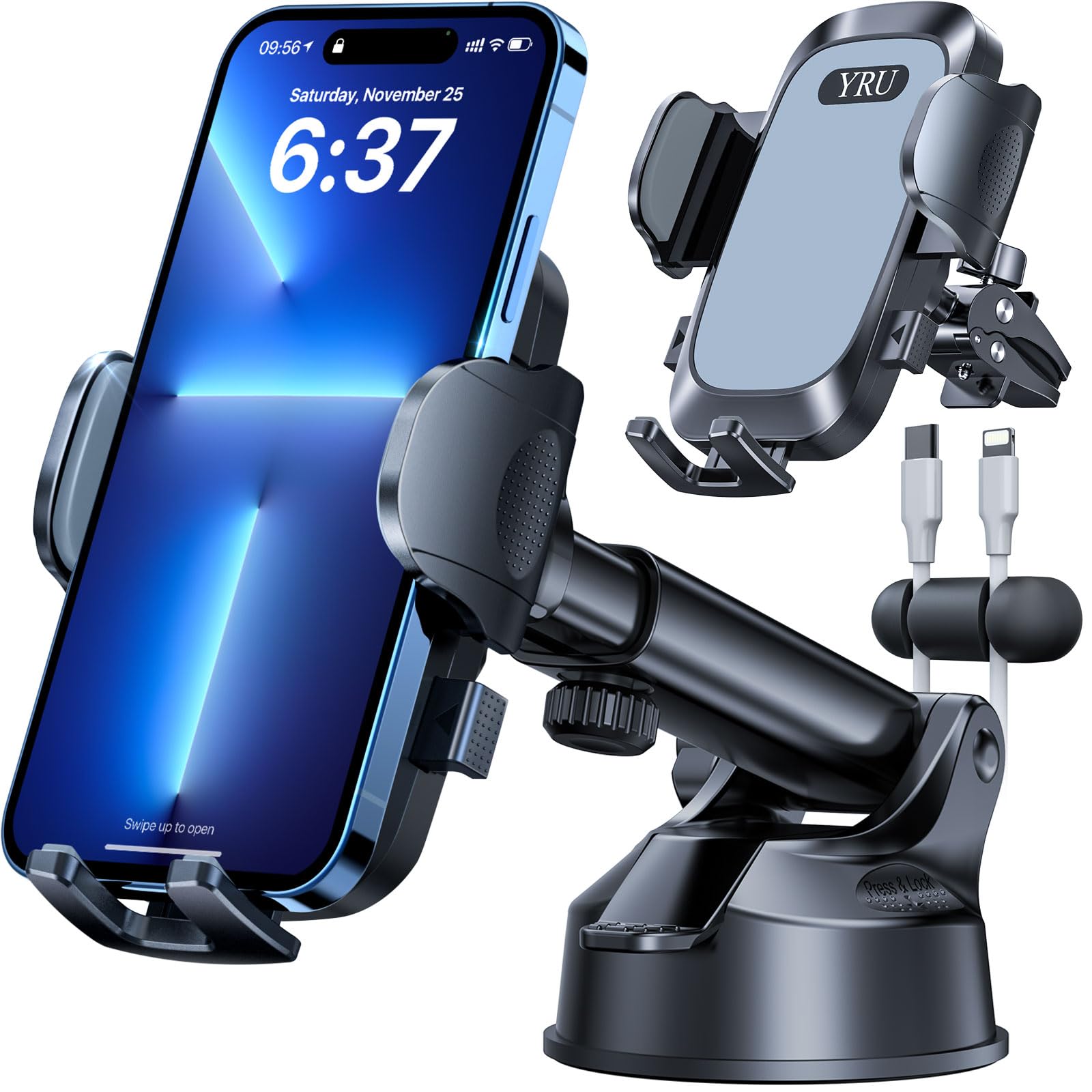 2025 YRU Ultimate Rotatable Car Phone Holder Mount - Military-Grade Suction (90+ LBS), Dashboard/Windshield/Vent Compatible, Universal for All Phones (Grey) - Perfect for Road Trips, Commuting & GPS Navigation
