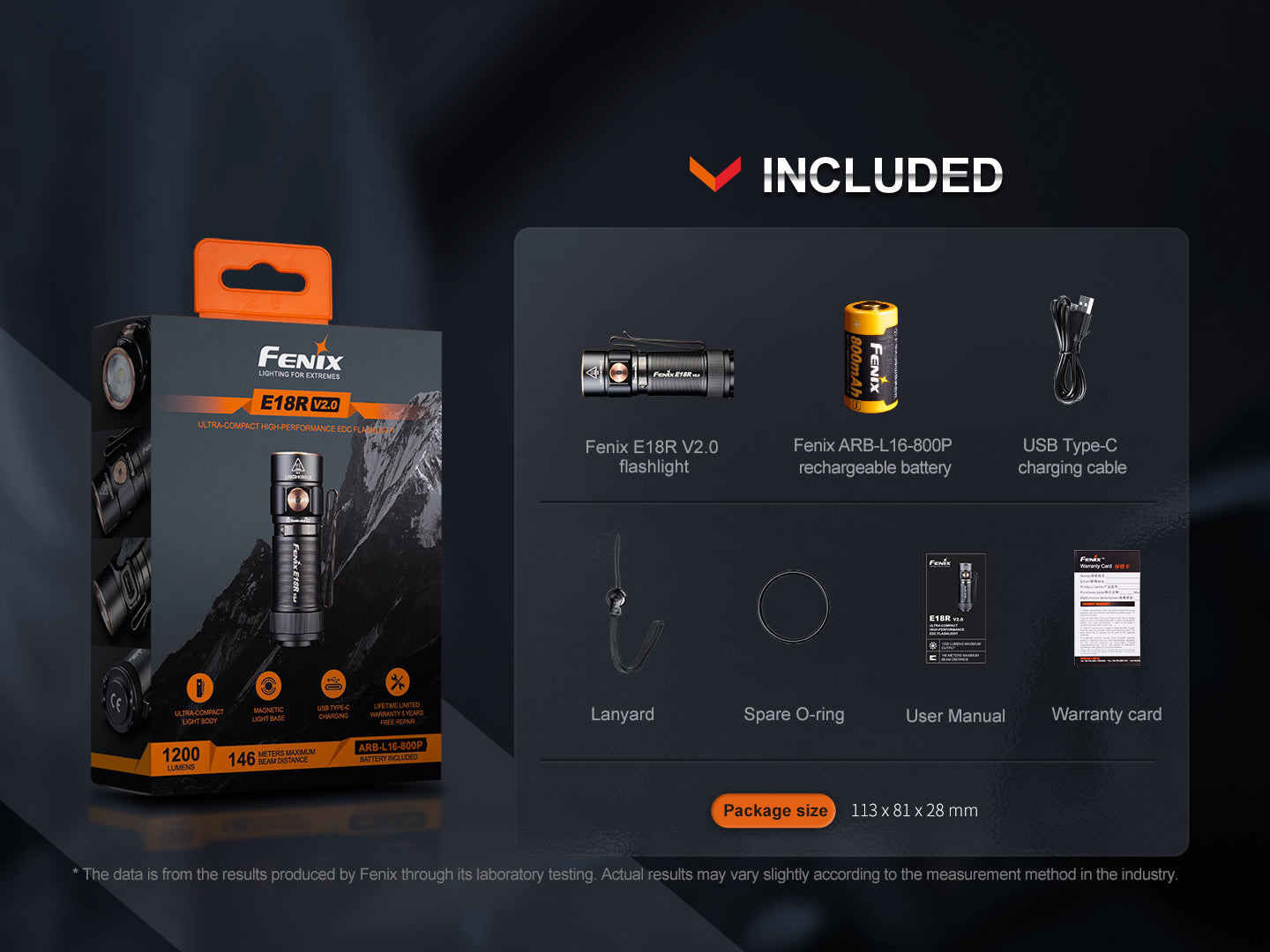 Fenix E18R V2 Rechargeable LED Flashlight - 1200 Lumens, USB-C, Compact EDC Light for Camping, Hiking & Emergency Use