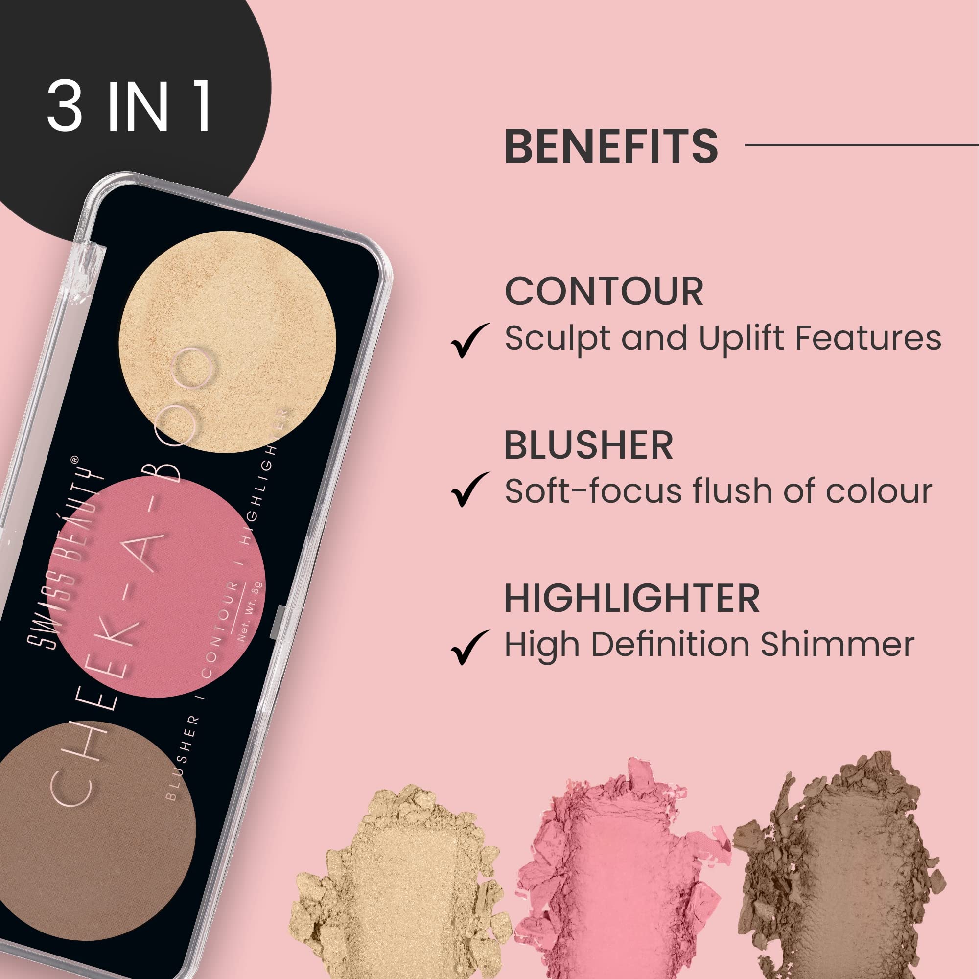 Swiss Beauty Cheek-A-Boo Face Palette - Blusher, Contour & Highlighter | Highly Pigmented, Blendable Makeup | Shade 02, 8g | Perfect for Everyday Glam & Professional Makeup Looks
