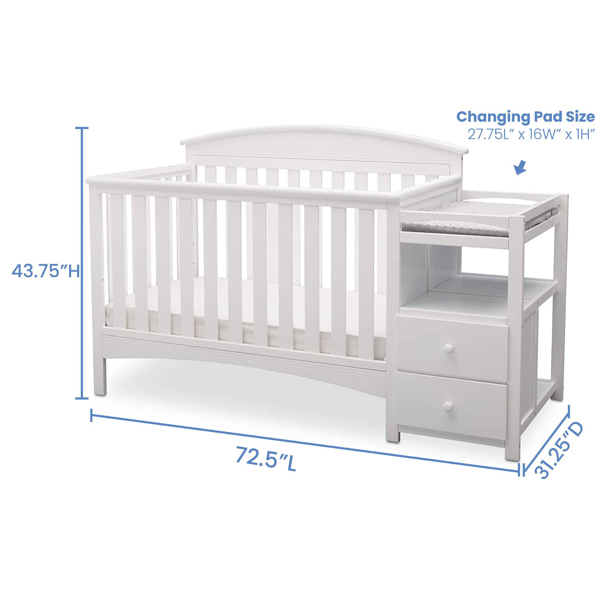 Delta Children Abby Convertible Crib and Changer - Bianca White | 3-in-1 Baby Crib with Changing Table | Nursery Furniture for Newborns & Toddlers | Perfect for Small Spaces & Modern Nurseries