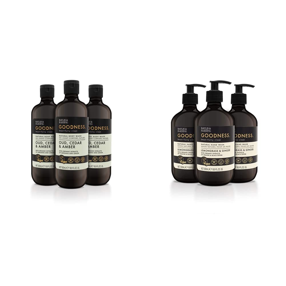 Baylis & Harding Goodness Oud, Cedar & Amber Body Wash 500ml (3-Pack) - Vegan, Cruelty-Free & Sulfate-Free Shower Gel for Men & Women - Perfect for Daily Use, Spa Days & Gift Sets   Baylis & Harding Goodness Lemongrass & Ginger Hand Wash 500ml (3-Pack) - Vegan, Antibacterial Foaming Soap for Kitchen, Bathroom & Office - Refreshing Scent for Daily Hand Hygiene & Guest Bathrooms