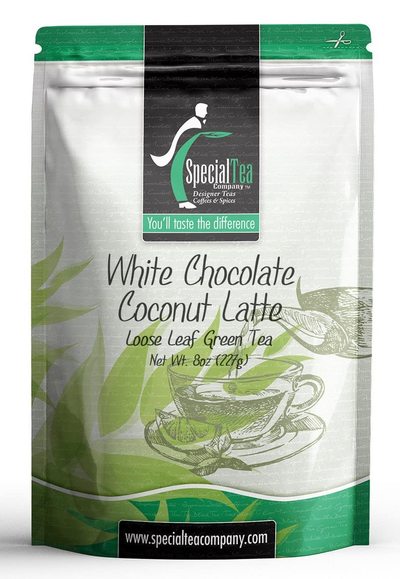 Premium Loose Leaf Green Tea with White Chocolate & Coconut Flavor - 8oz Bag | Organic, Natural Ingredients for Relaxation & Energy Boost | Perfect for Morning Brew, Iced Tea & Gifts