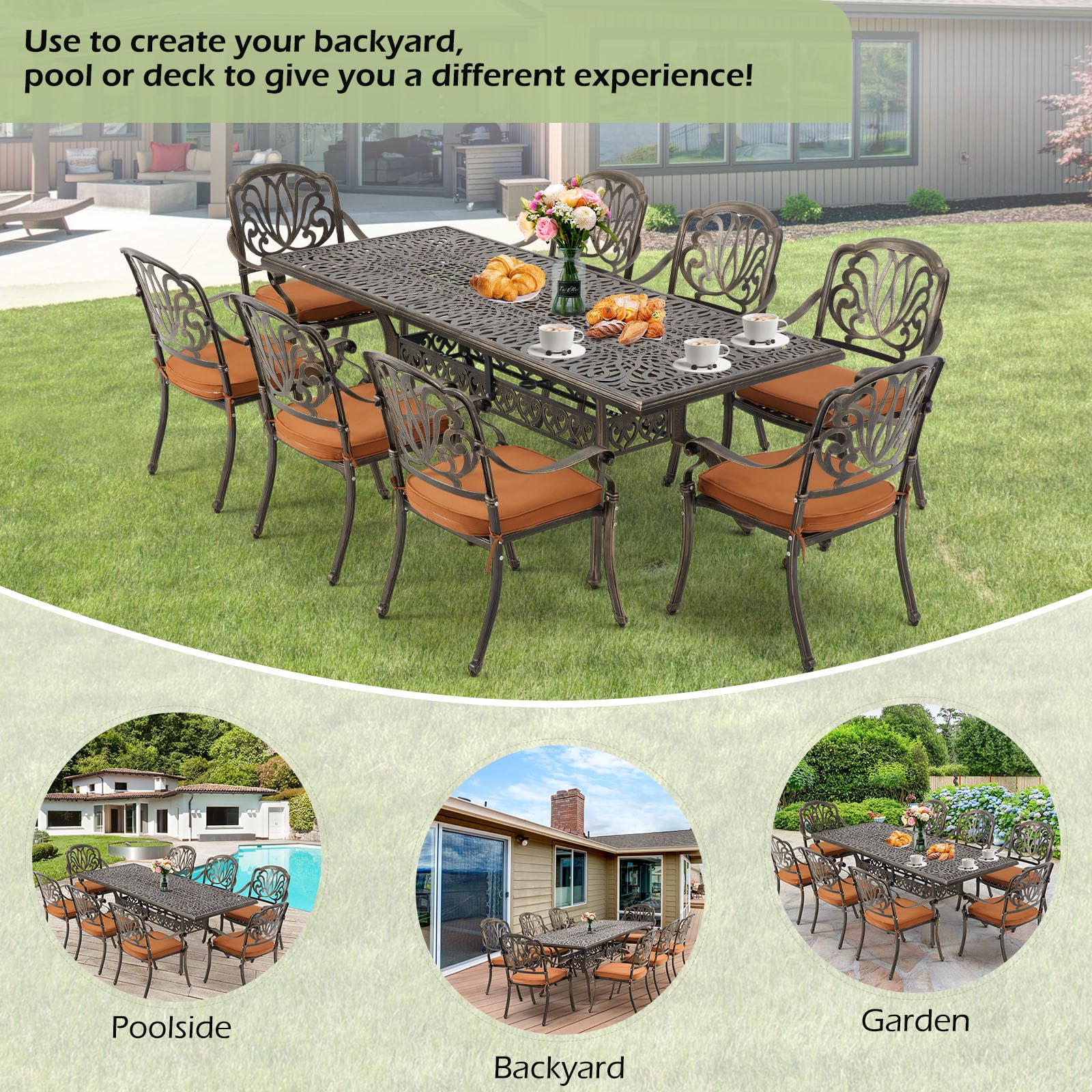 Premium 9-Piece Outdoor Dining Set - All-Weather Aluminum Patio Furniture with 8 Cushioned Chairs & Large Rectangular Table (Umbrella Hole Included) | Rustproof & Wind-Resistant | Perfect for Backyard BBQs, Poolside Dining & Garden Parties