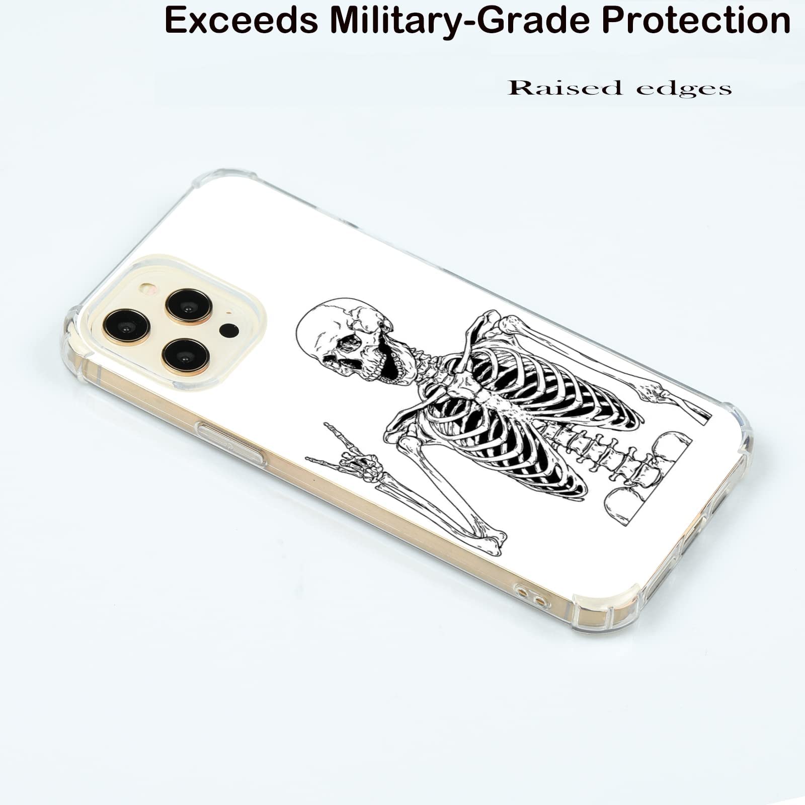 Rock and Roll Skull iPhone 12 Pro Max Case - White & Black Skeleton TPU Bumper Cover with Wireless Charging Support | Trendy Protective Phone Case for Music Lovers & Halloween Party