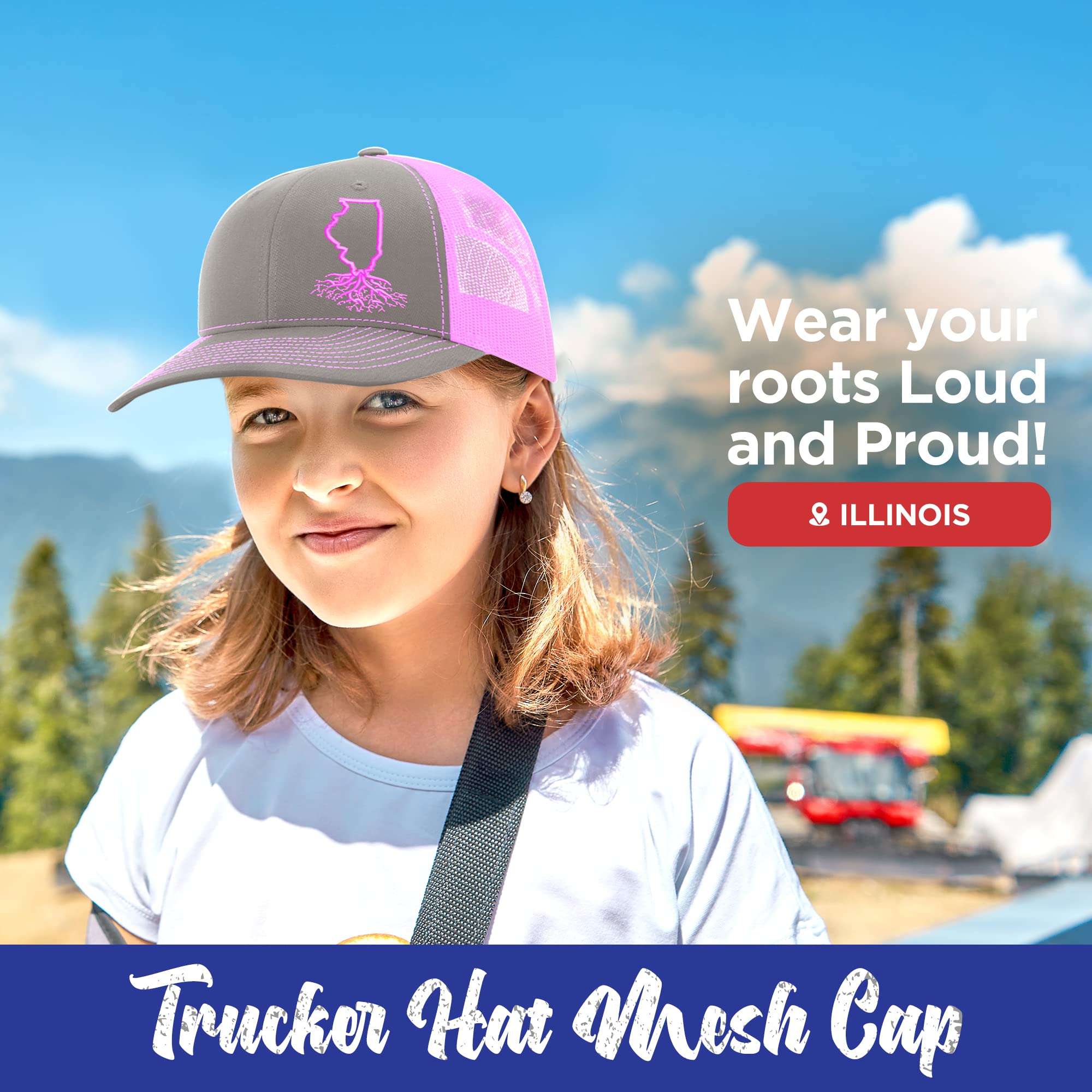 Illinois Roots Snapback Hat - Stylish Polyester Cotton Baseball Cap for Men & Women - Breathable Mesh Back Trucker Hat - Universal Size (Charcoal & Pink) - Perfect for Casual Wear, Outdoor Activities & Sports