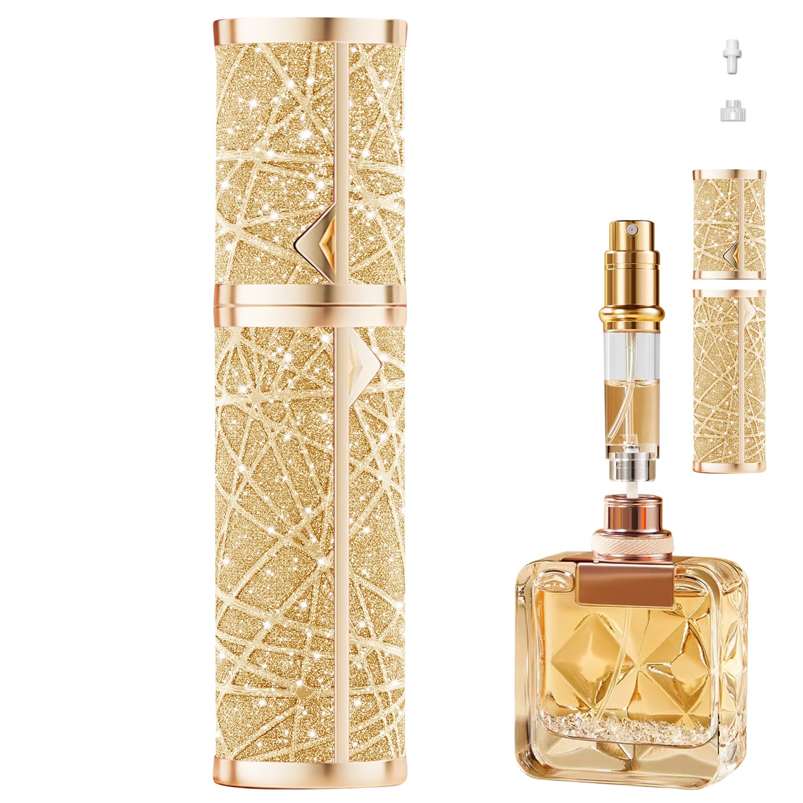Refillable Travel Perfume Bottle 5ml - Portable Cologne Atomizer with Bottom Pump Fill, Sparkling Gold Design - Perfect for On-the-Go Fragrance & Gift Ideas | Great for Air Travel, Gym Bag & Purse Essentials