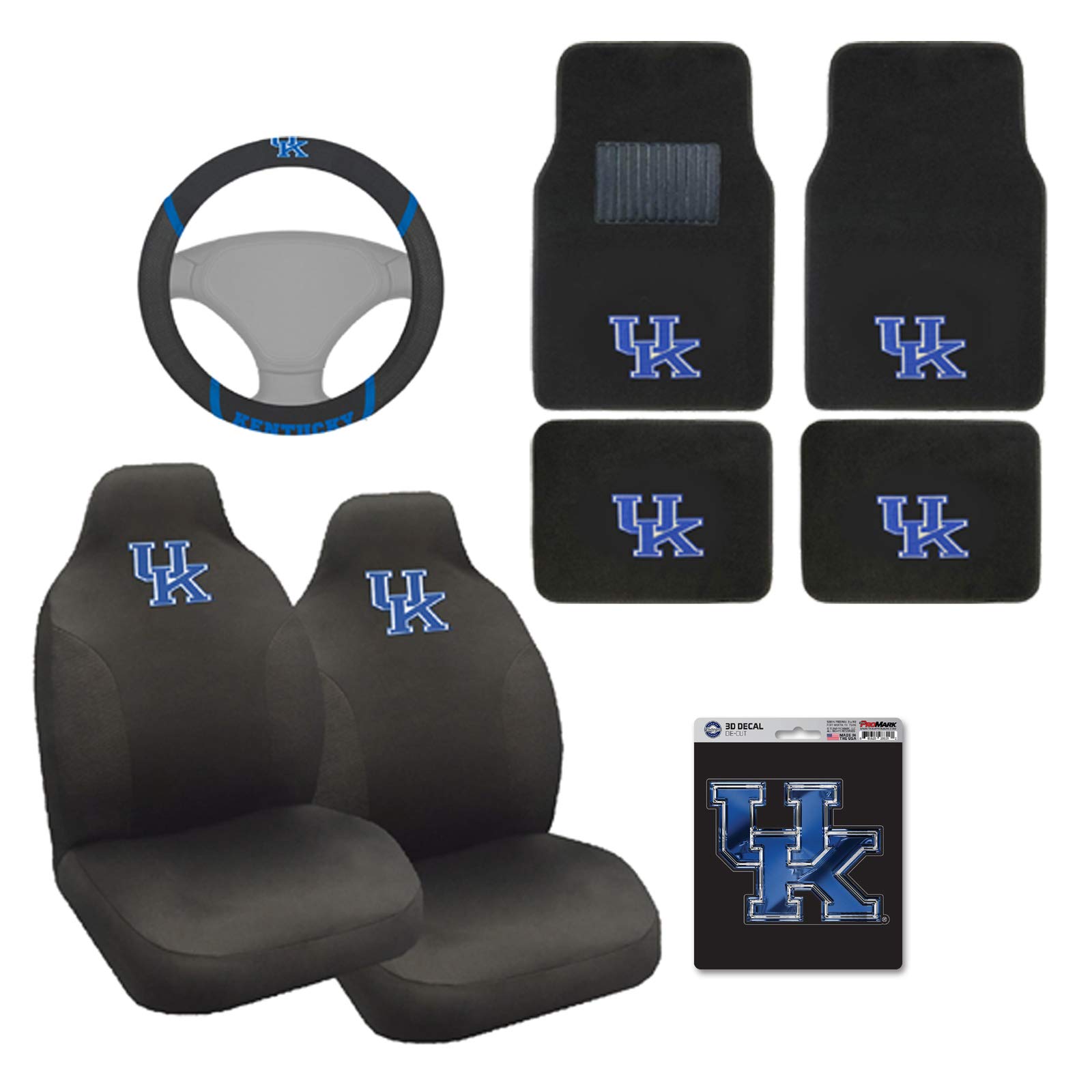 Officially Licensed Kentucky Wildcats AAC FanMats NCAA Carpet Floor Mats Bundle with Seat Covers, 3D Decal Sticker & Steering Wheel Cover - 8-Piece Set for Cars, Trucks & Game Room Decor