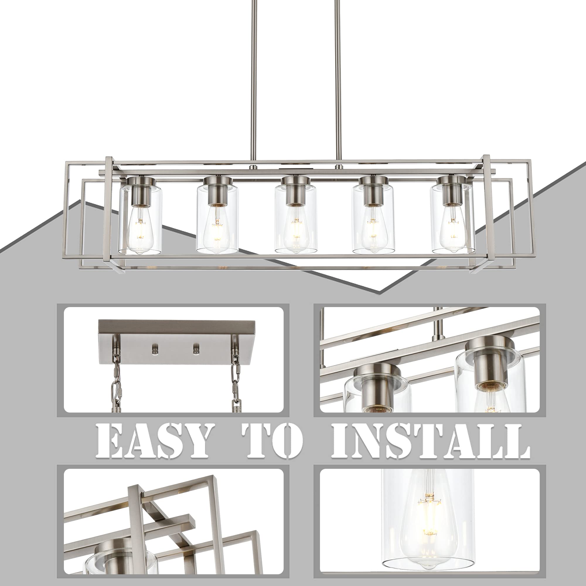 MELUCEE 5-Light Brushed Nickel Rectangular Pendant Light with Clear Glass Shade - Adjustable Height Kitchen Island Lighting & Dining Room Chandelier - Perfect for Modern Farmhouse, Industrial & Contemporary Home Decor