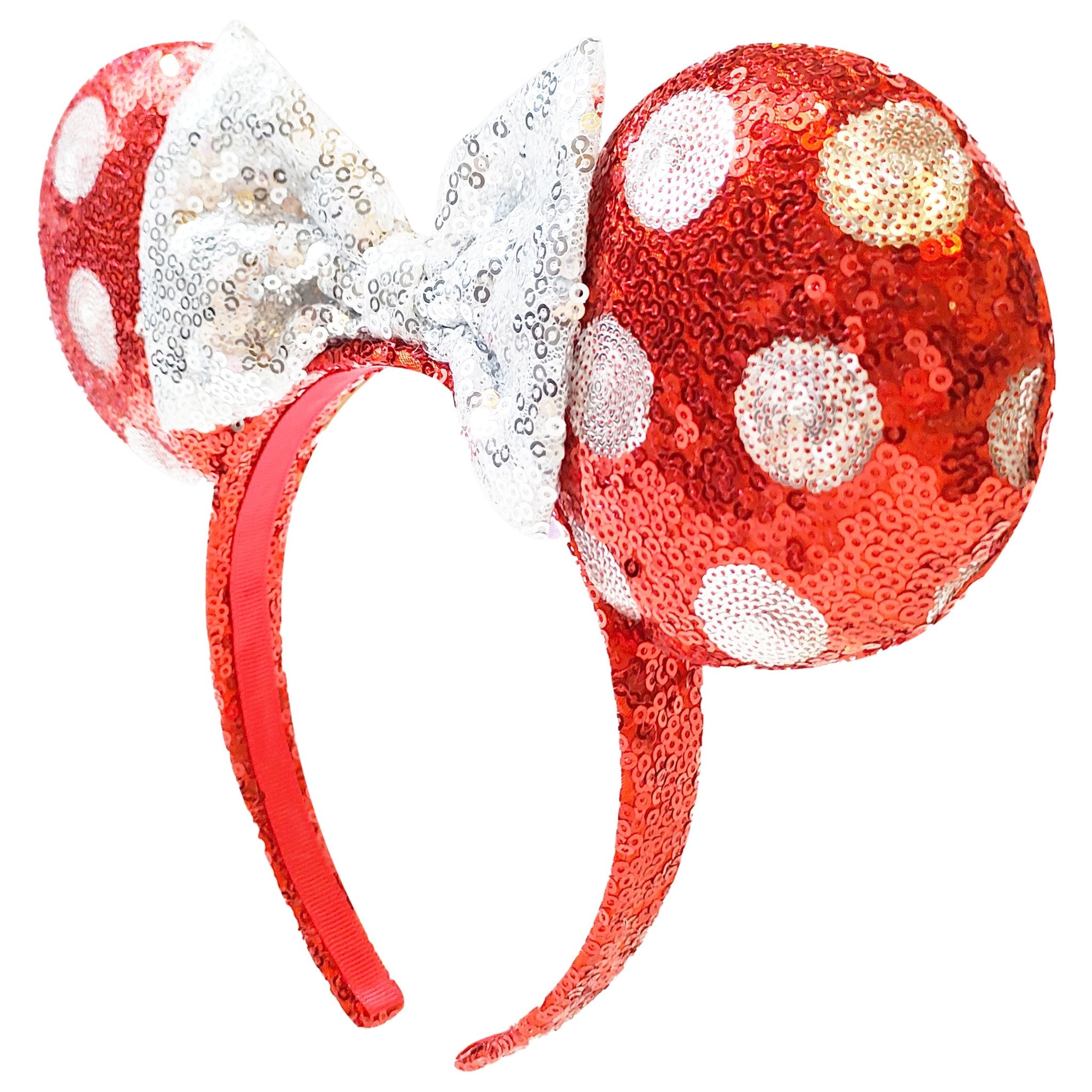 Minnie Mouse Red & White Polka Dot Sequin Plush Headband for Women & Girls - Disney Party Hair Accessories for Cosplay, Birthday, Halloween & Theme Park Visits
