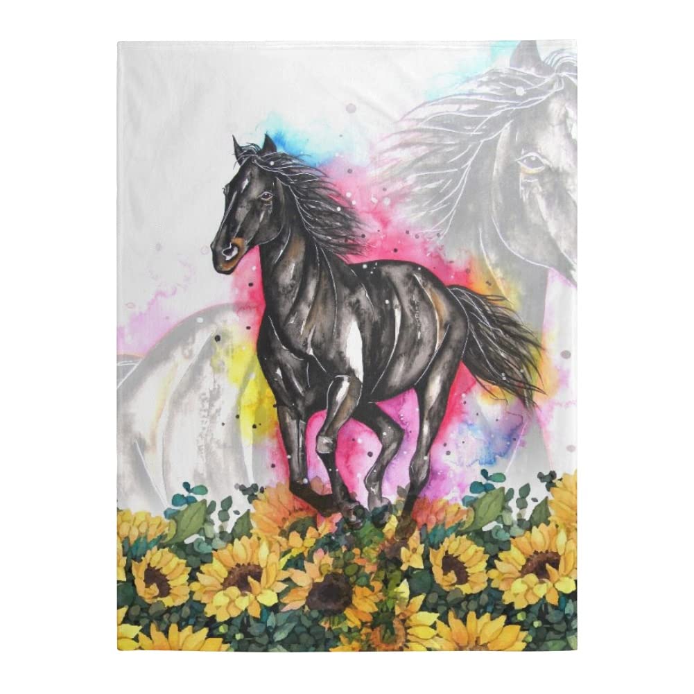 DISNIMO Ultra Soft Cozy Microfiber Fuzzy Blanket - Watercolor Horse & Sunflower Design - 55x71 Inch Large Throw Blanket for Bed, Sofa, Couch - Perfect for Living Room, Bedroom, Indoor & Outdoor Use - Ideal for Lounging, Camping, and Home Decor