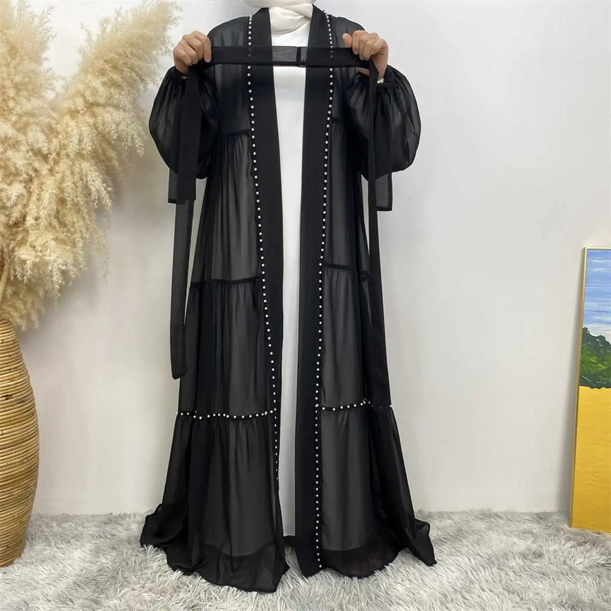 Elegant Muslim Women's Chiffon Beaded Open Abaya Dress - Modest Islamic Prayer Dress for Mosque, Eid & Special Occasions