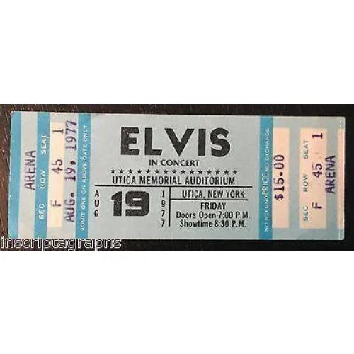 Elvis Presley 1977 Unused Concert Ticket - Utica Memorial Auditorium NY 8/19/77 - Rare Collectible Memorabilia for Music Fans & History Enthusiasts