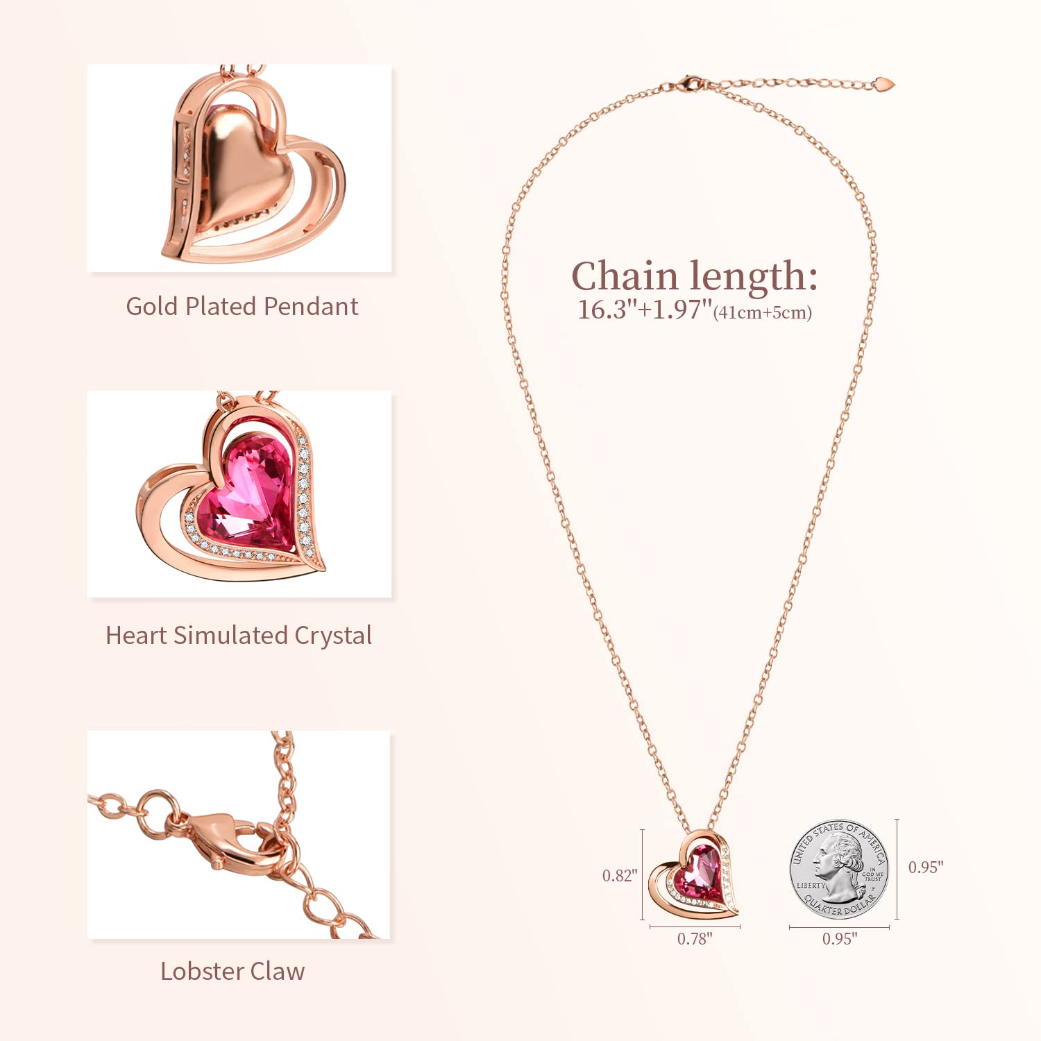 18K White/Rose Gold Plated Heart Pendant Necklace for Women - Adjustable Love Heart Necklace Gift for Wife, Mom, Girlfriend - Valentine's Day, Birthday, Anniversary Jewelry - Perfect for Date Night, Wedding, Special Occasions