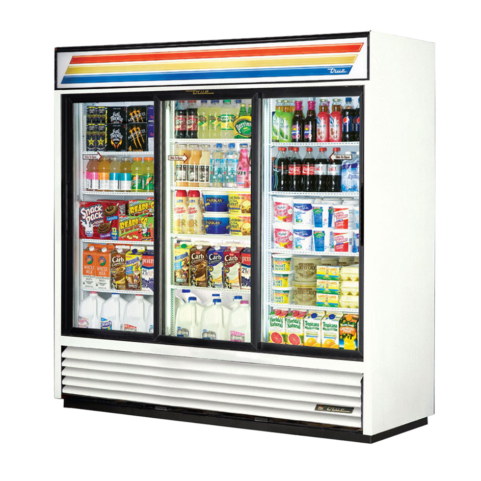 True 78 Merchandising Refrigerator with 3 Glass Sliding Doors - White Commercial Fridge for Restaurants, Cafes & Convenience Stores - GDM-69 Energy Efficient Display Cooler