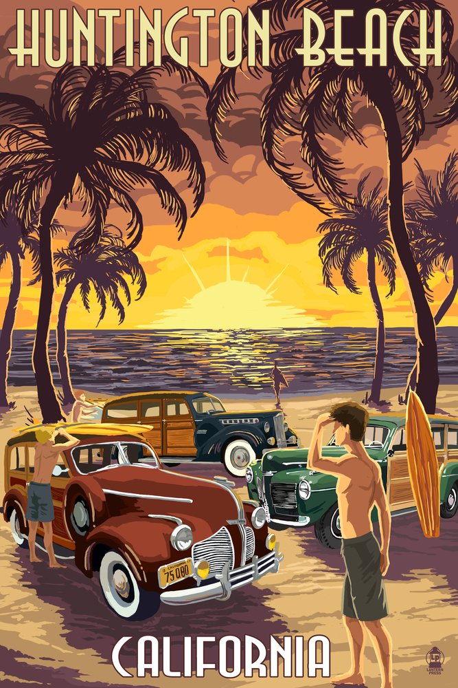 California Huntington Beach Woodies & Sunset Wall Art - 12x18 Gallery Quality Metal Print, Aluminum Decor for Beach House, Living Room & Office