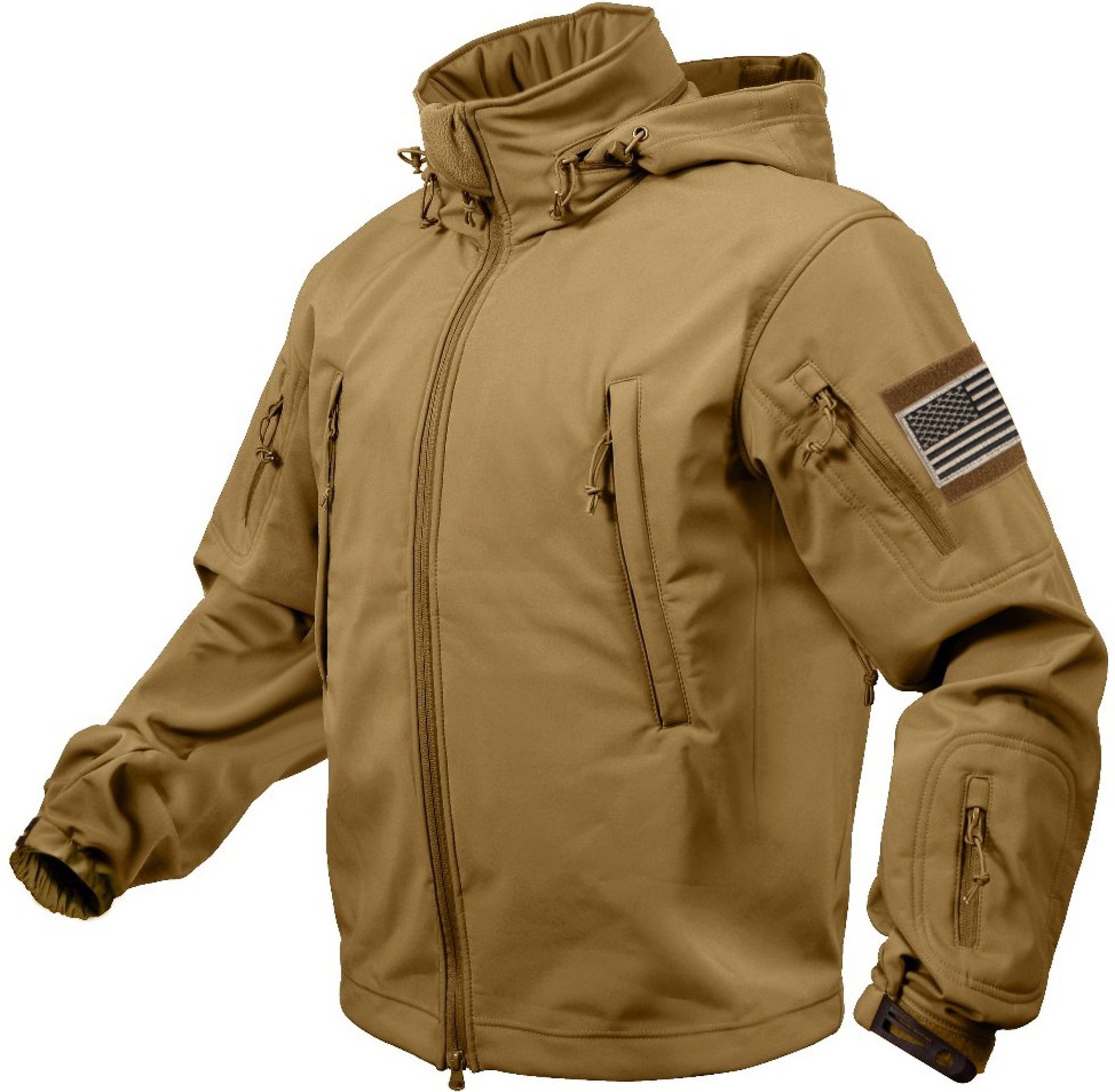Rothco Special Ops Tactical Soft Shell Jacket with Patches - Coyote Brown & Khaki Patches Bundle (Large) | Waterproof Windbreaker for Outdoor Hunting, Hiking & Military Use